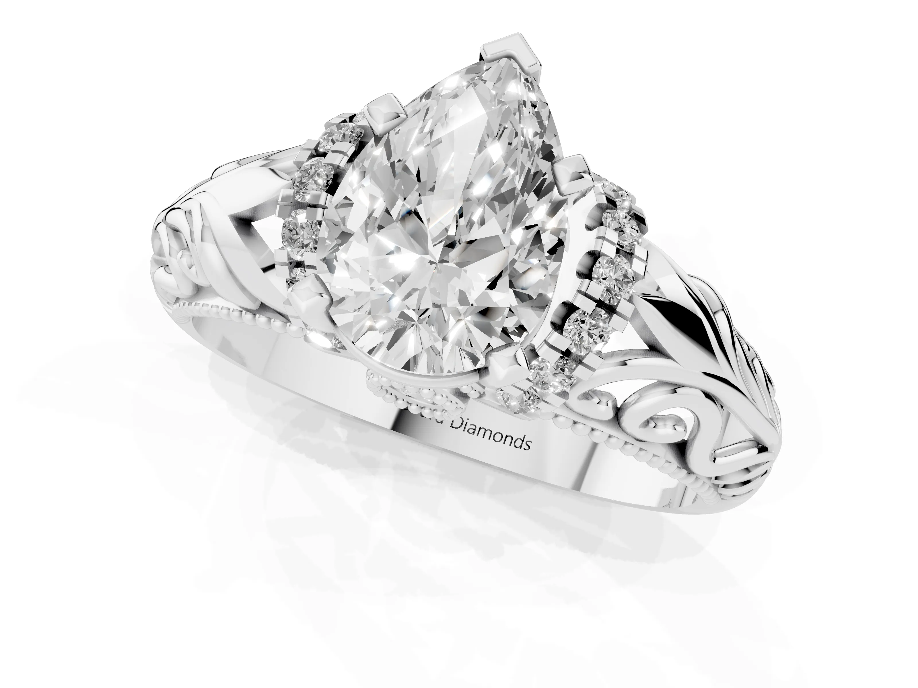 Pear Cut Diamond Filigree Halo Engagement Ring Set in White gold with Prong Setting