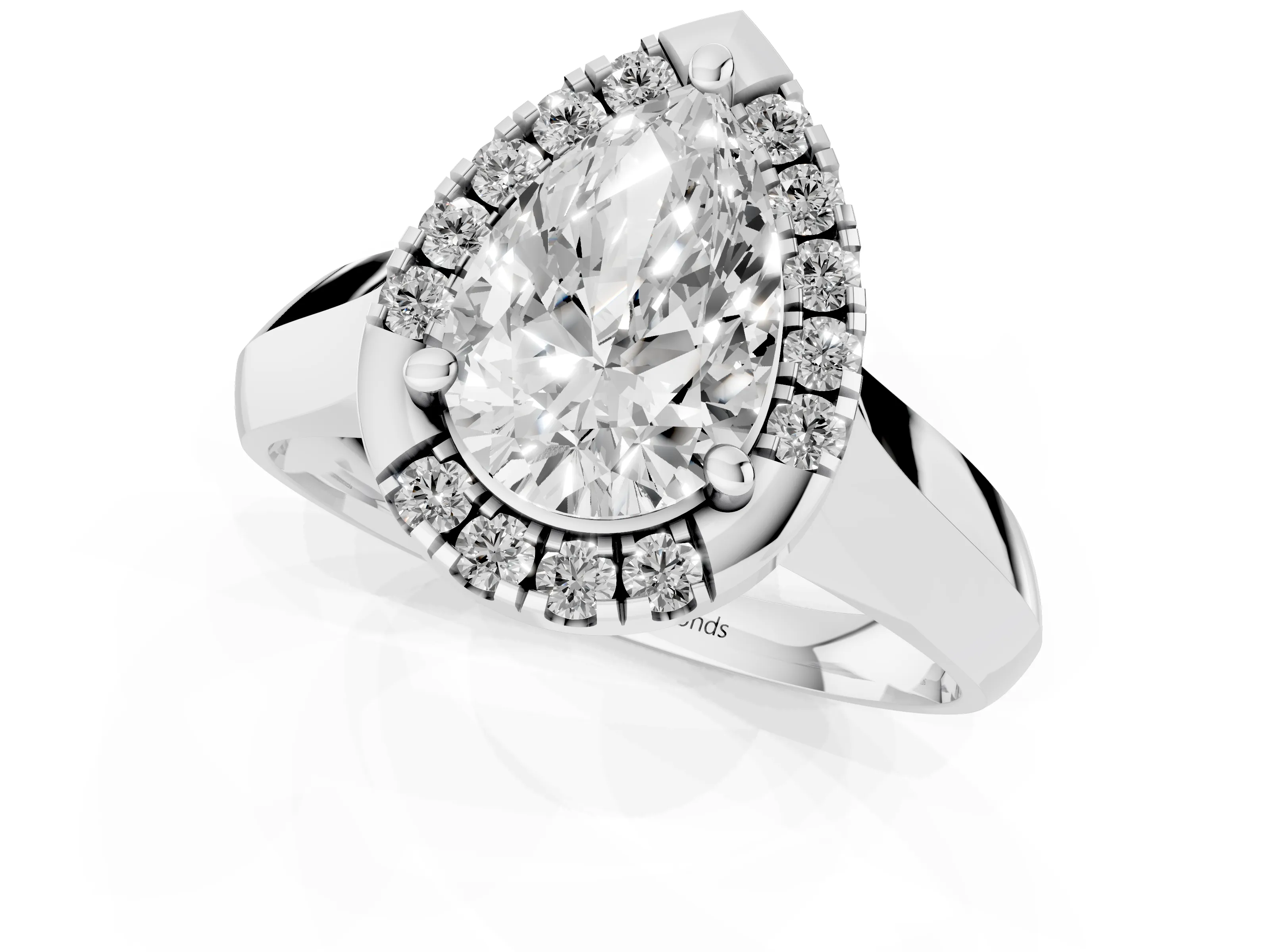 Pear Cut Diamond Halo Solitaire Engagement Ring Set in Platinum with Square Band and Prong Setting