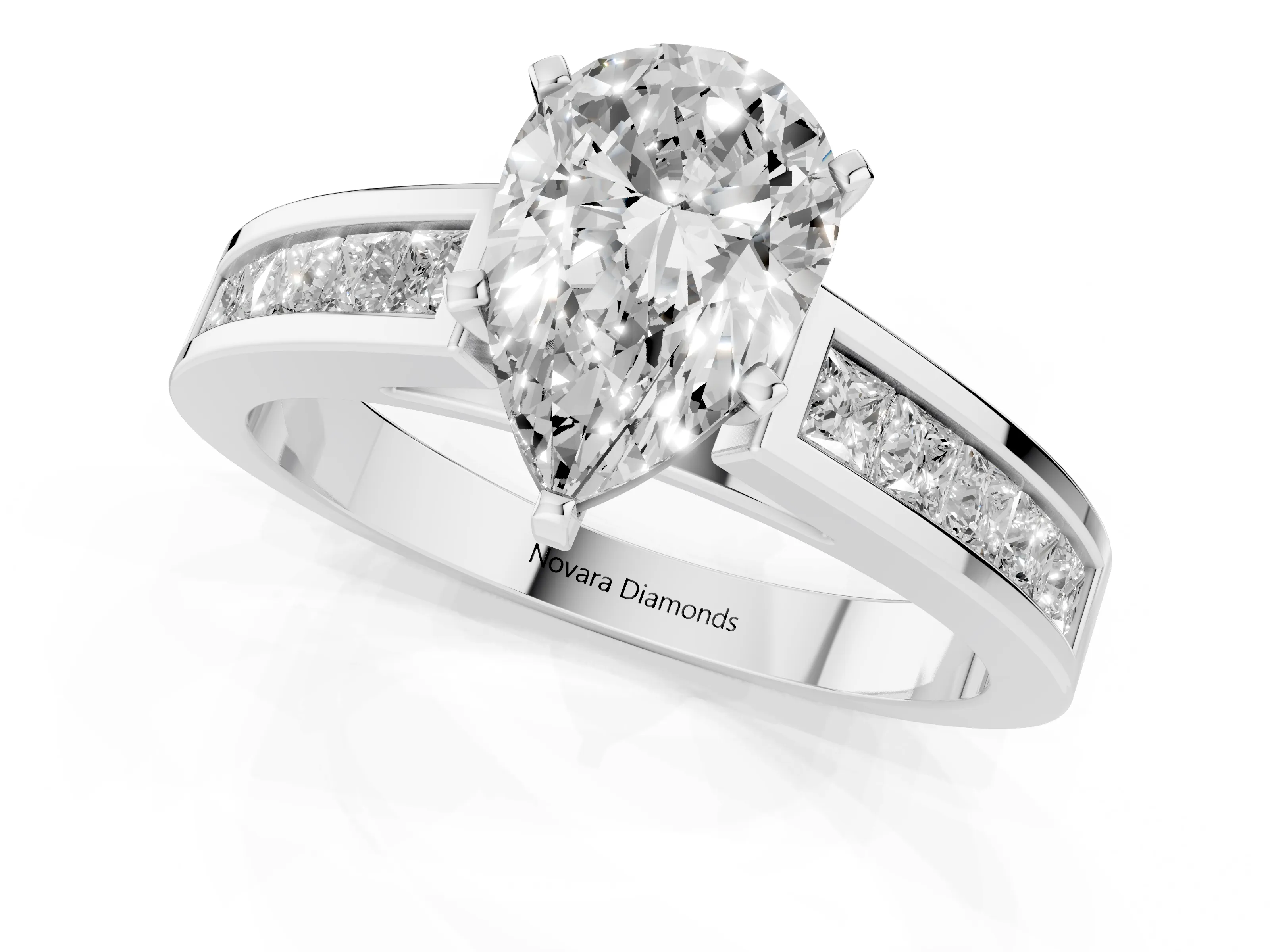 Pear Cut Diamond Solitaire Ring Set in Silver with Channel-Set Band and Prong Setting