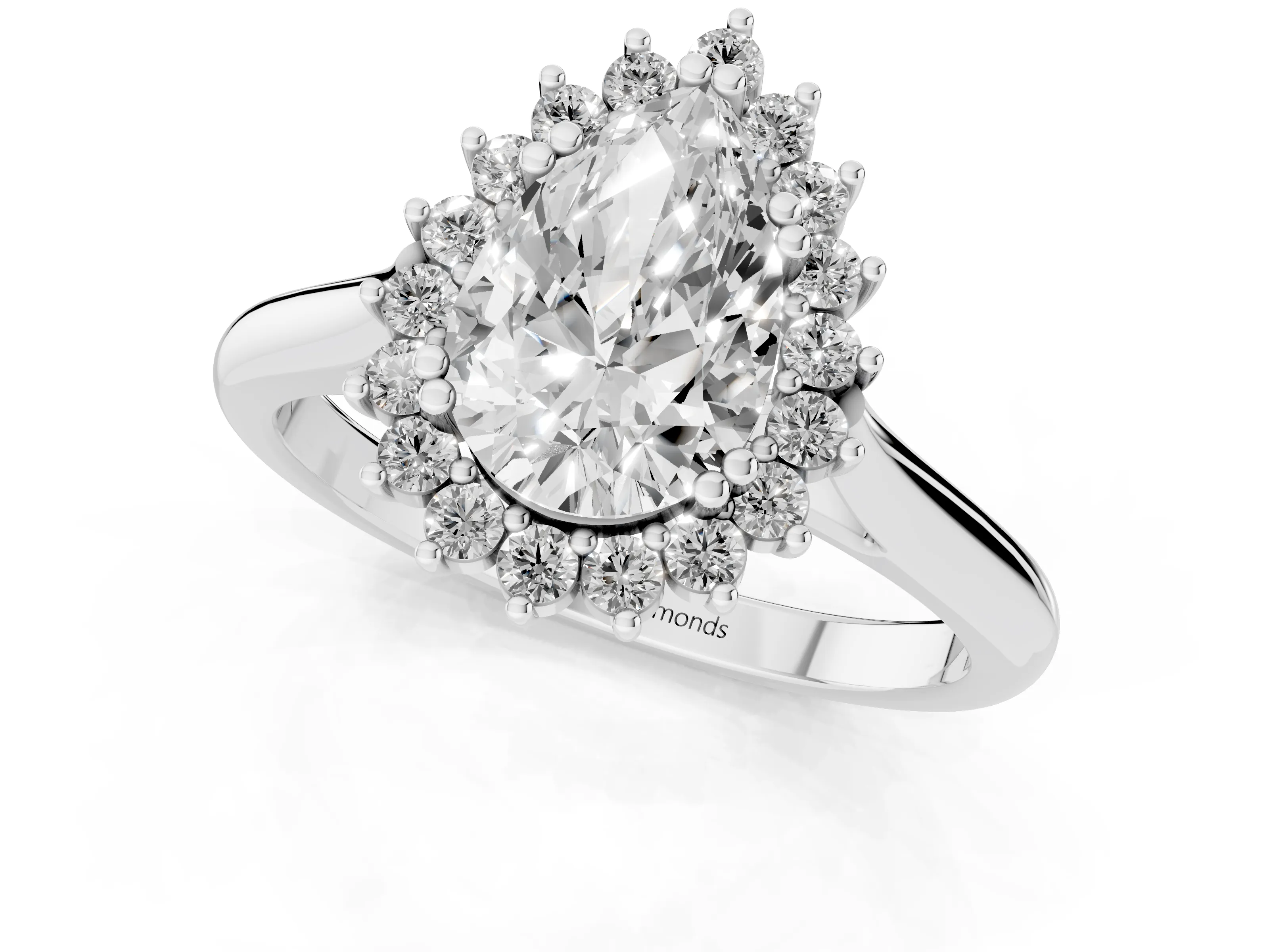 Pear Cut Diamond Halo Ring Set in Platinum with Plain Solitaire Band and Prong Setting – second view