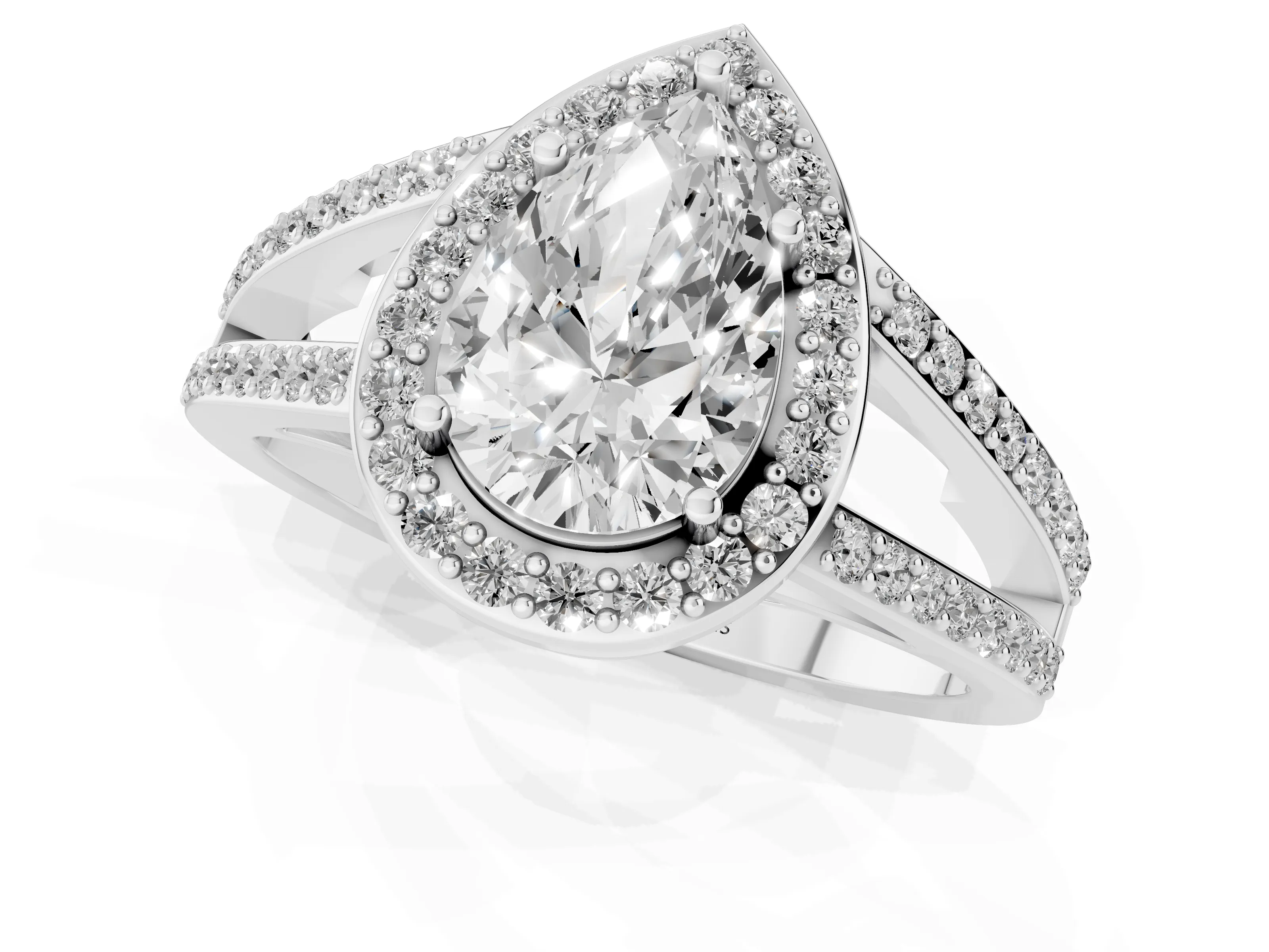 Pear Cut Diamond Halo Ring Set in White gold with U-Prong Split Shank and Prong Setting