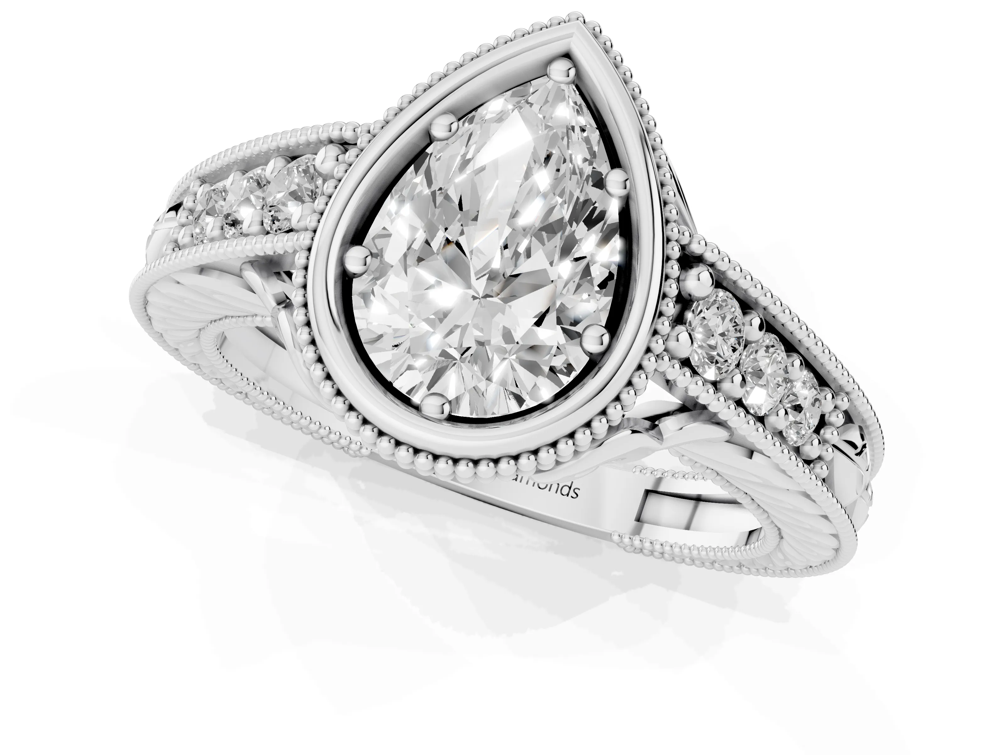 Bezel Set Pear Cut Diamond Milgrain Pavé Engagement Ring Set in Platinum – second view
