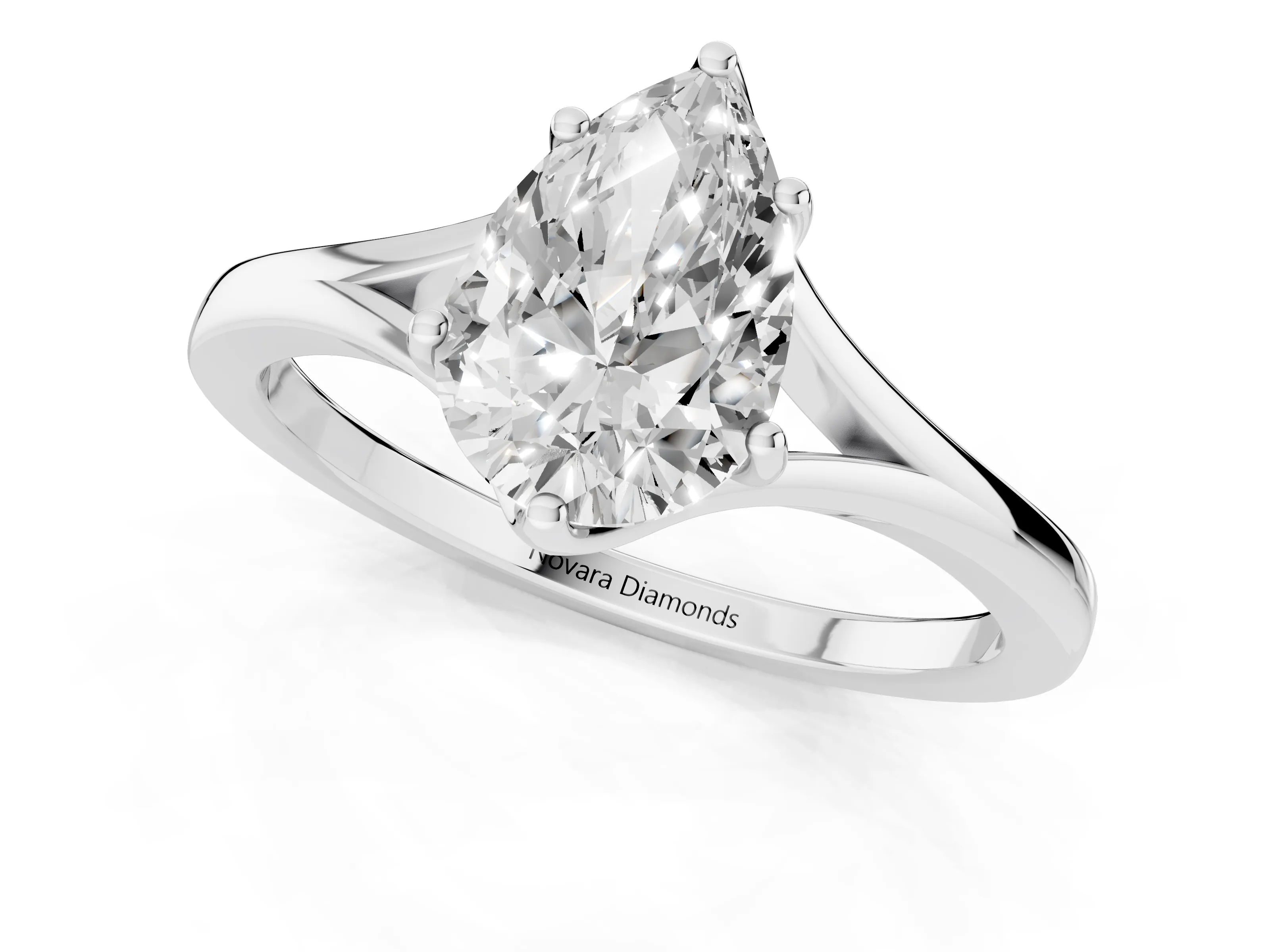 Pear Cut Diamond Solitaire Ring Set in Silver with Polished Tapered Band and Prong Setting