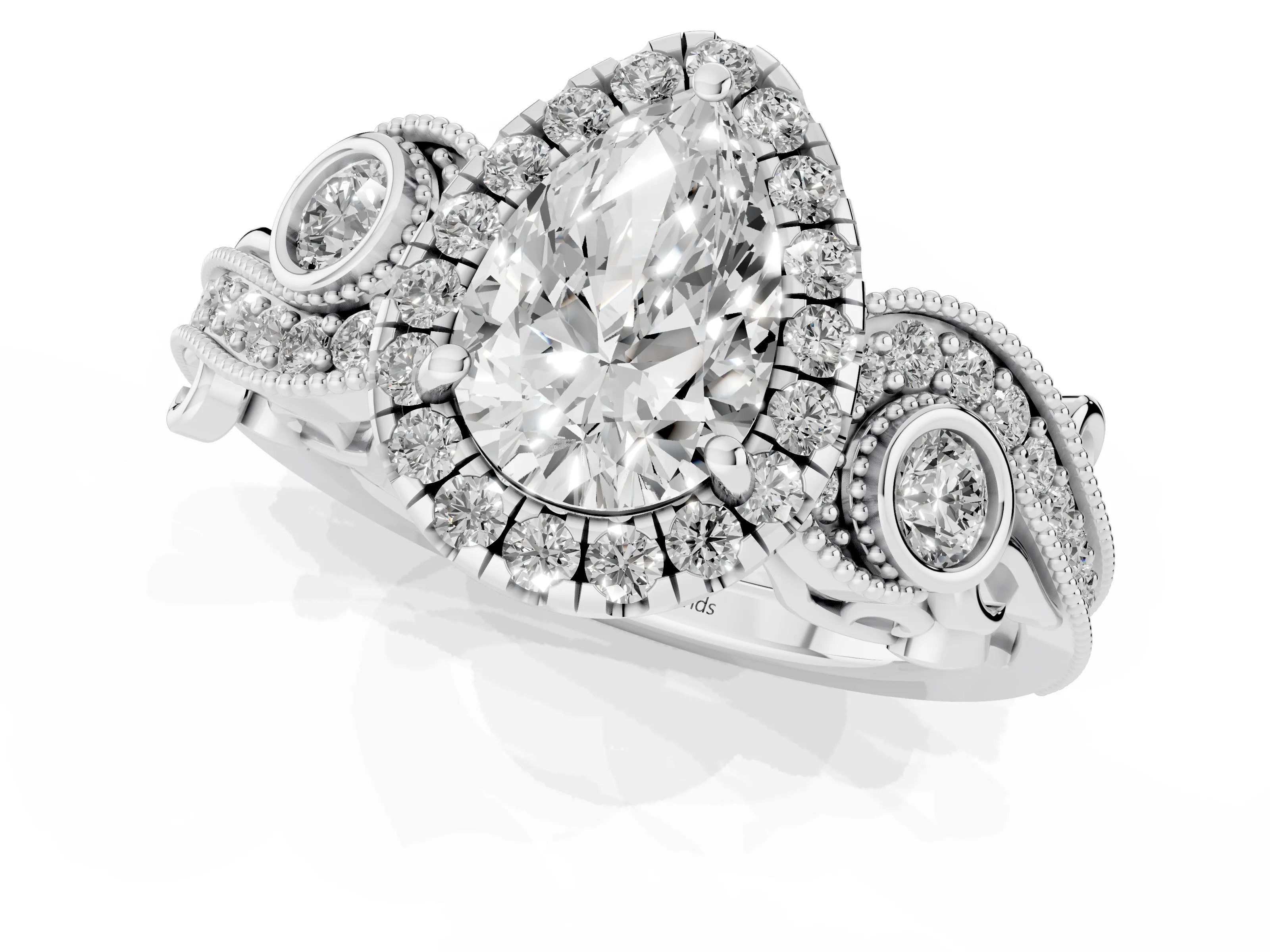 Pear Cut Diamond Halo Ring Set in Silver with Milgrain Pavé Band and Prong Setting