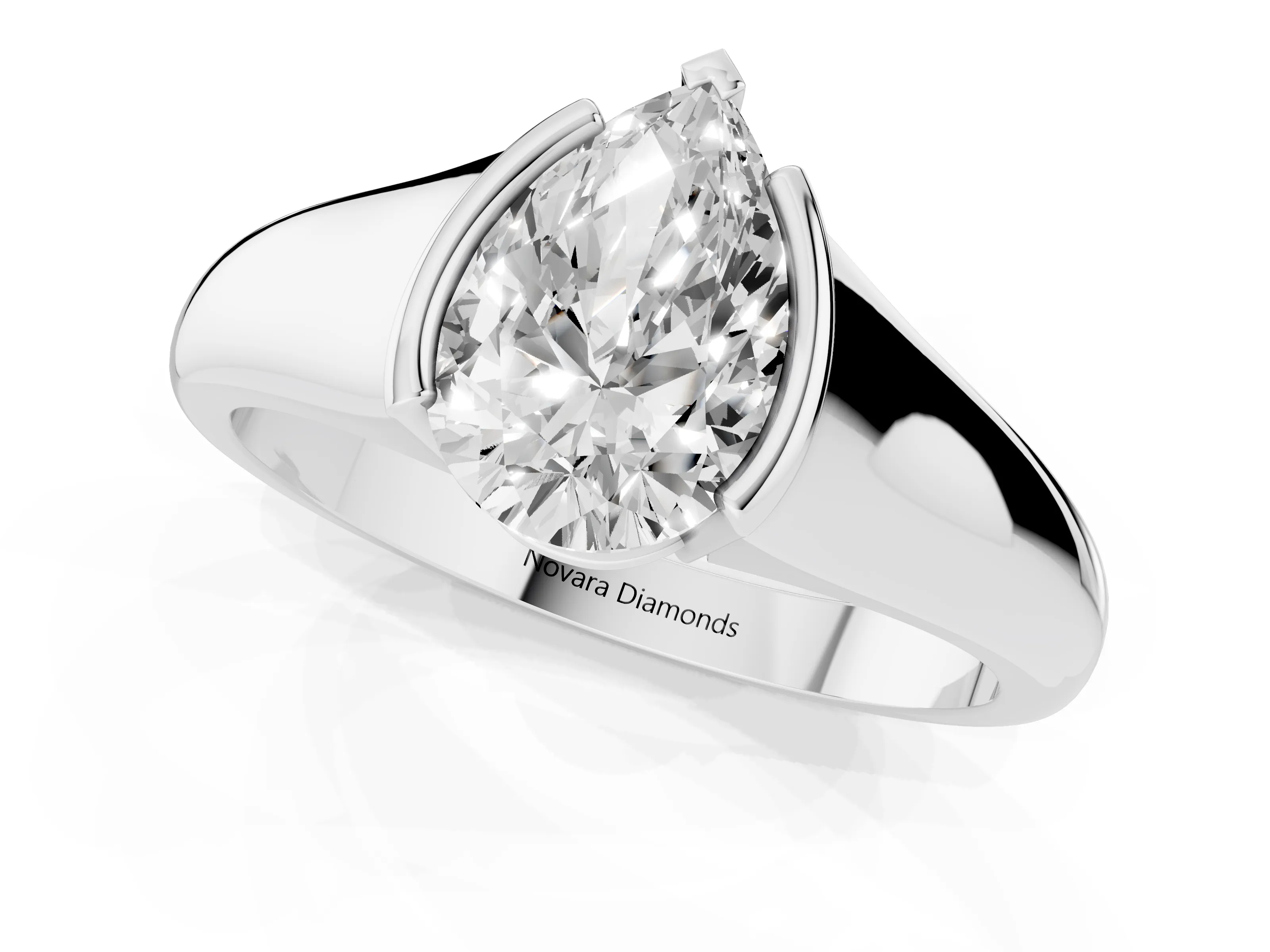 Pear Cut Diamond Solitaire Tension Set Ring Set in Silver with Split Shank Band