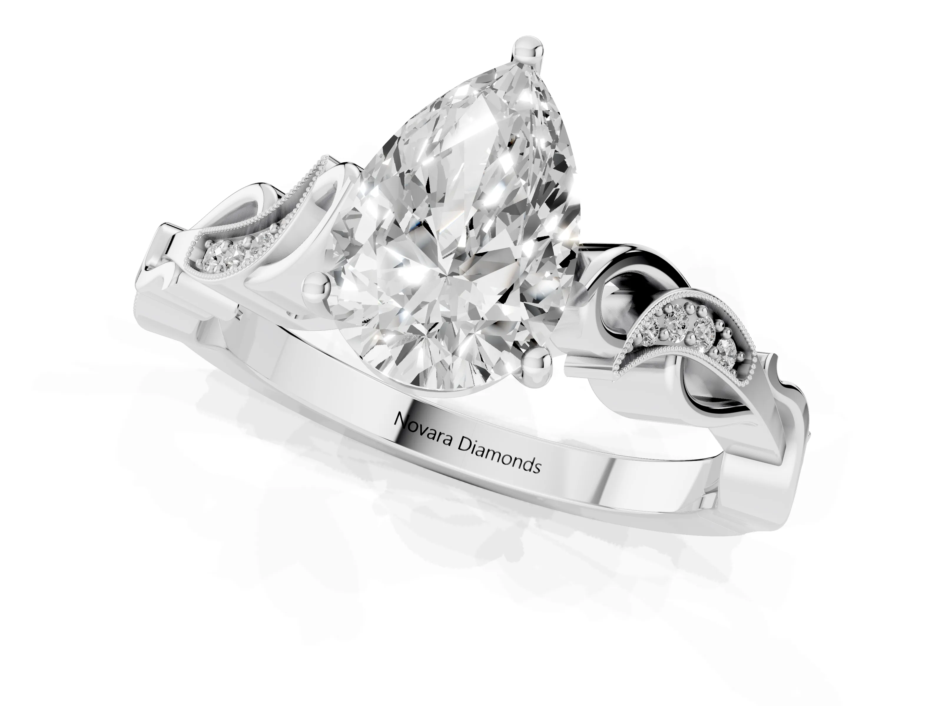 Pear Cut Diamond Vine Band Solitaire Ring Set in Silver with Milgrain Prong Setting