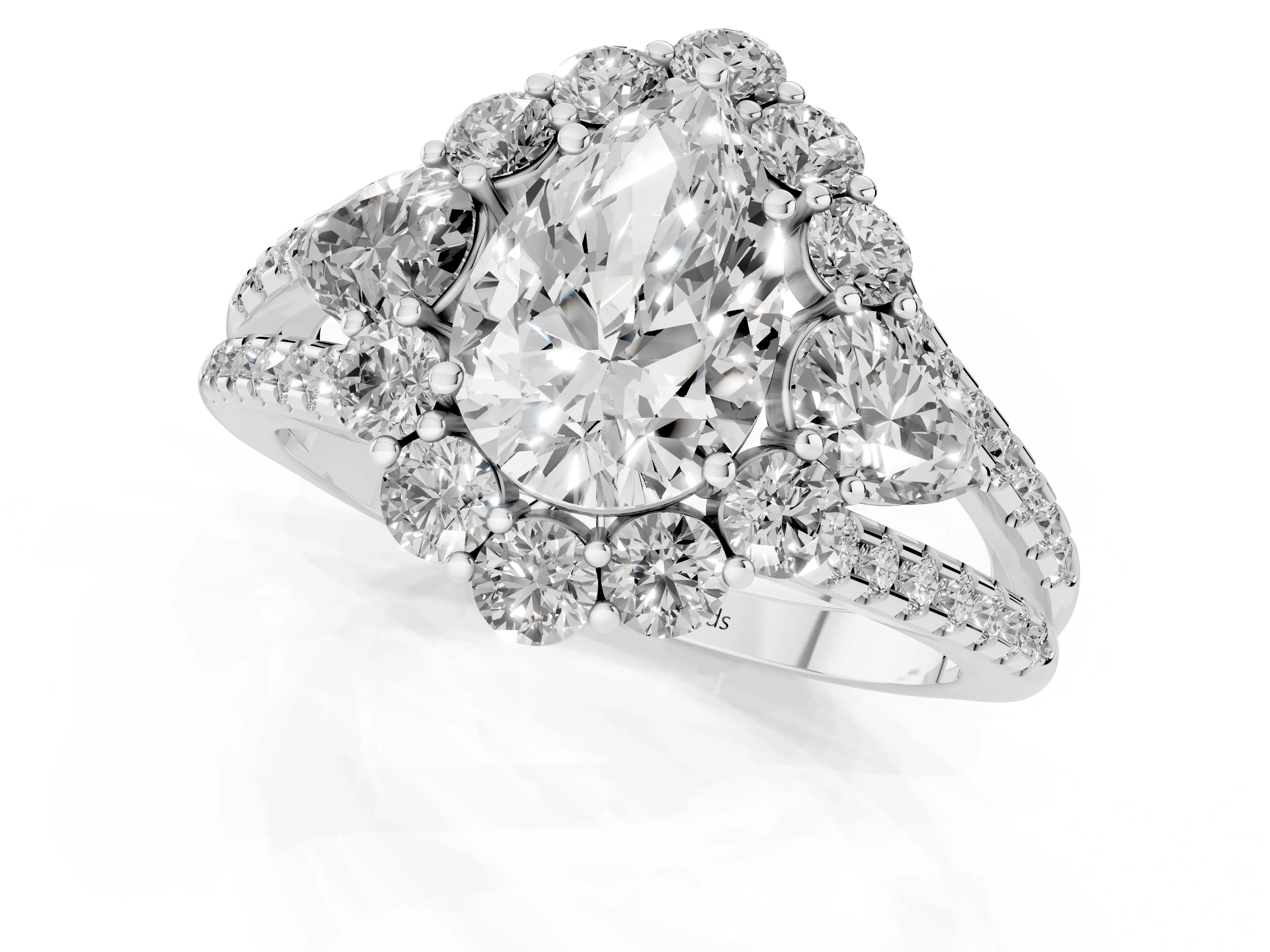 Pear Cut Diamond Halo Split Shank Engagement Ring Set in Platinum with Prong-Held Center Stone