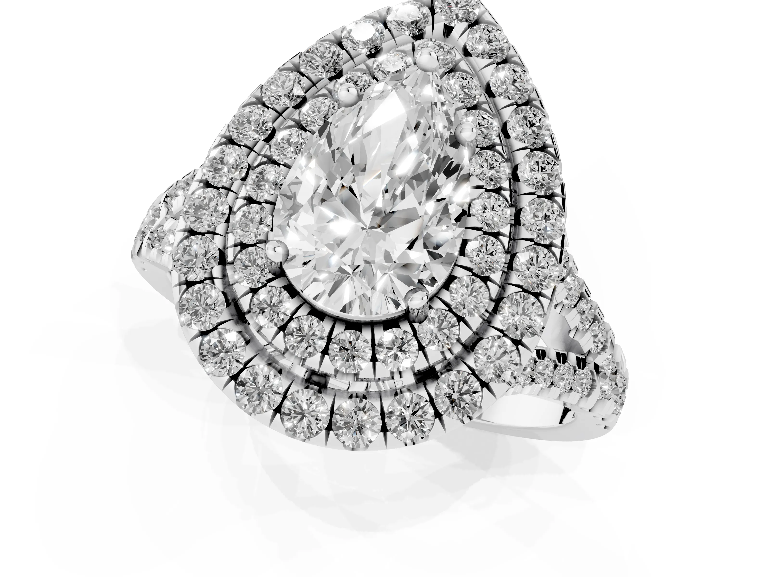 Pear Cut Diamond Double Halo Ring Set in Silver with Pavé Split Shank and Prong Setting