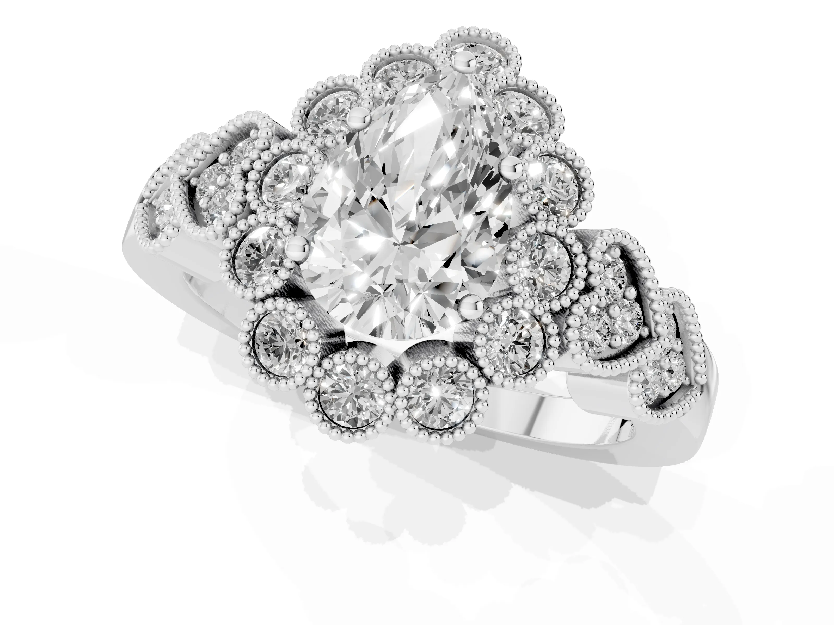 Pear Cut Diamond Solitaire Ring Set in Platinum with Milgrain Pavé Heart Band