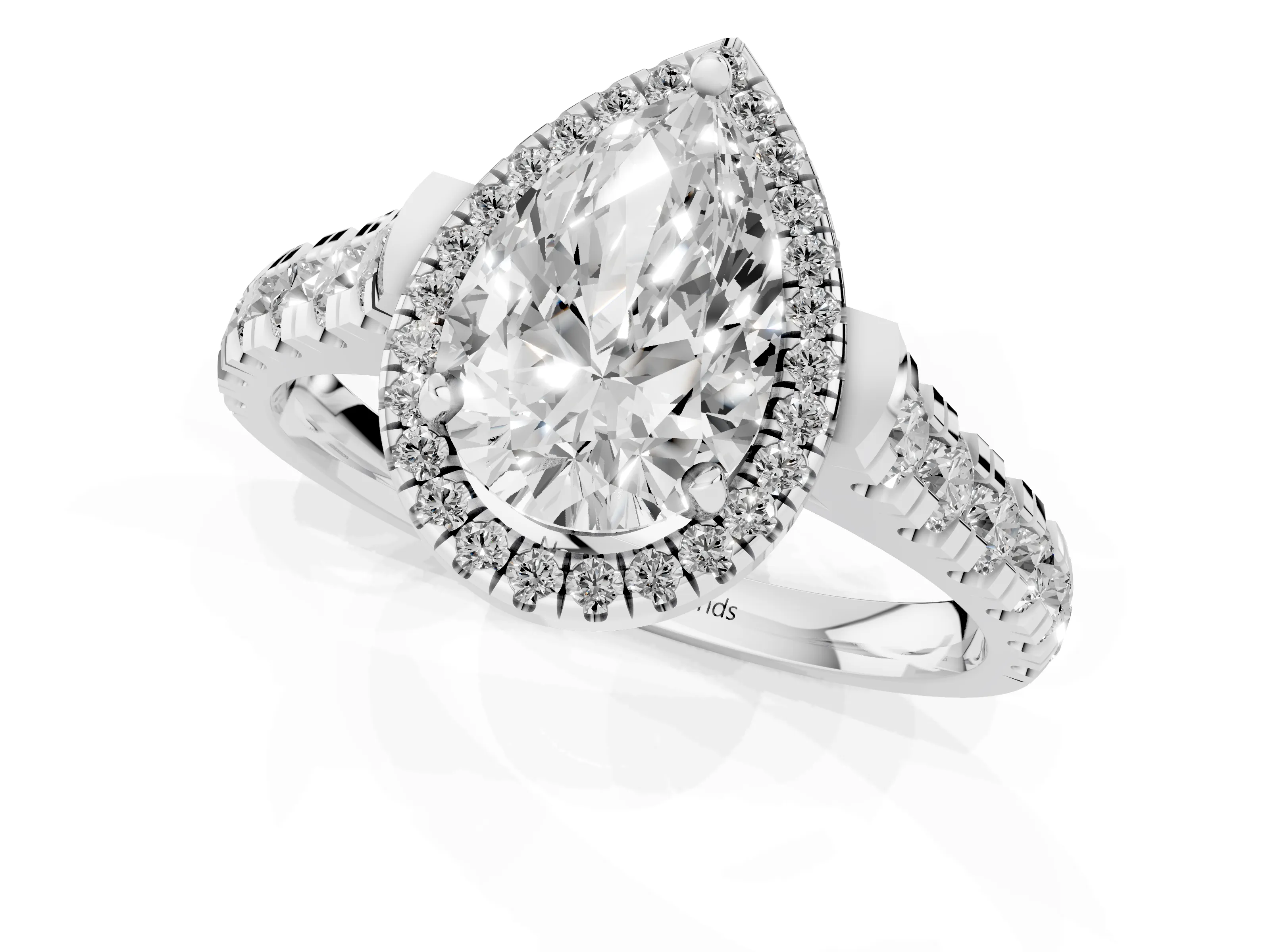 Pear Cut Diamond Halo Engagement Ring Set in White gold with Pavé Band and Prong-Set Center