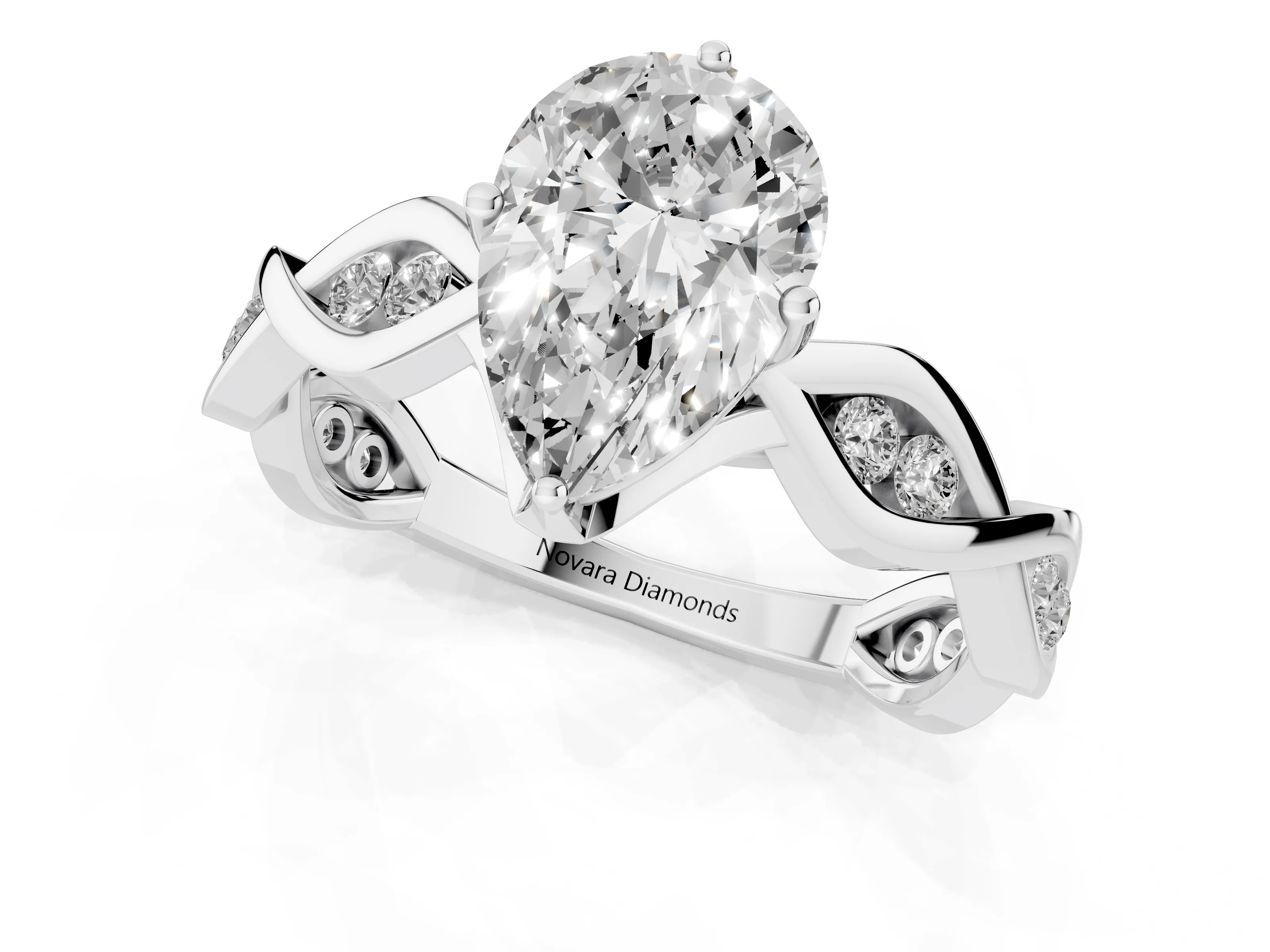 Pear Cut Diamond Twist Band Solitaire Ring Set in Silver with Leaf Prong Setting and Accent Stones
