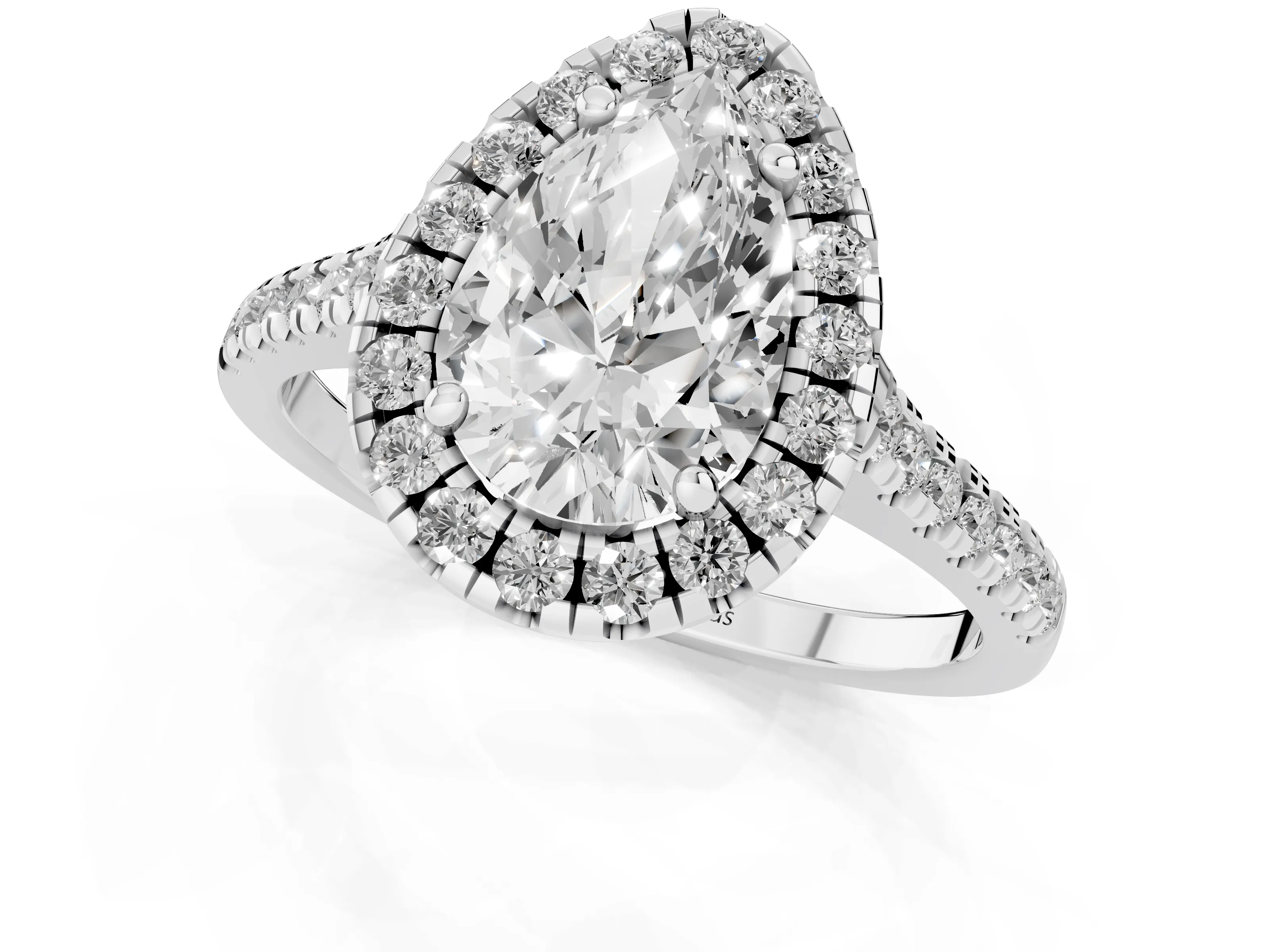 Pear Cut Diamond Cushion Halo Ring Set in White gold with Pavé Band