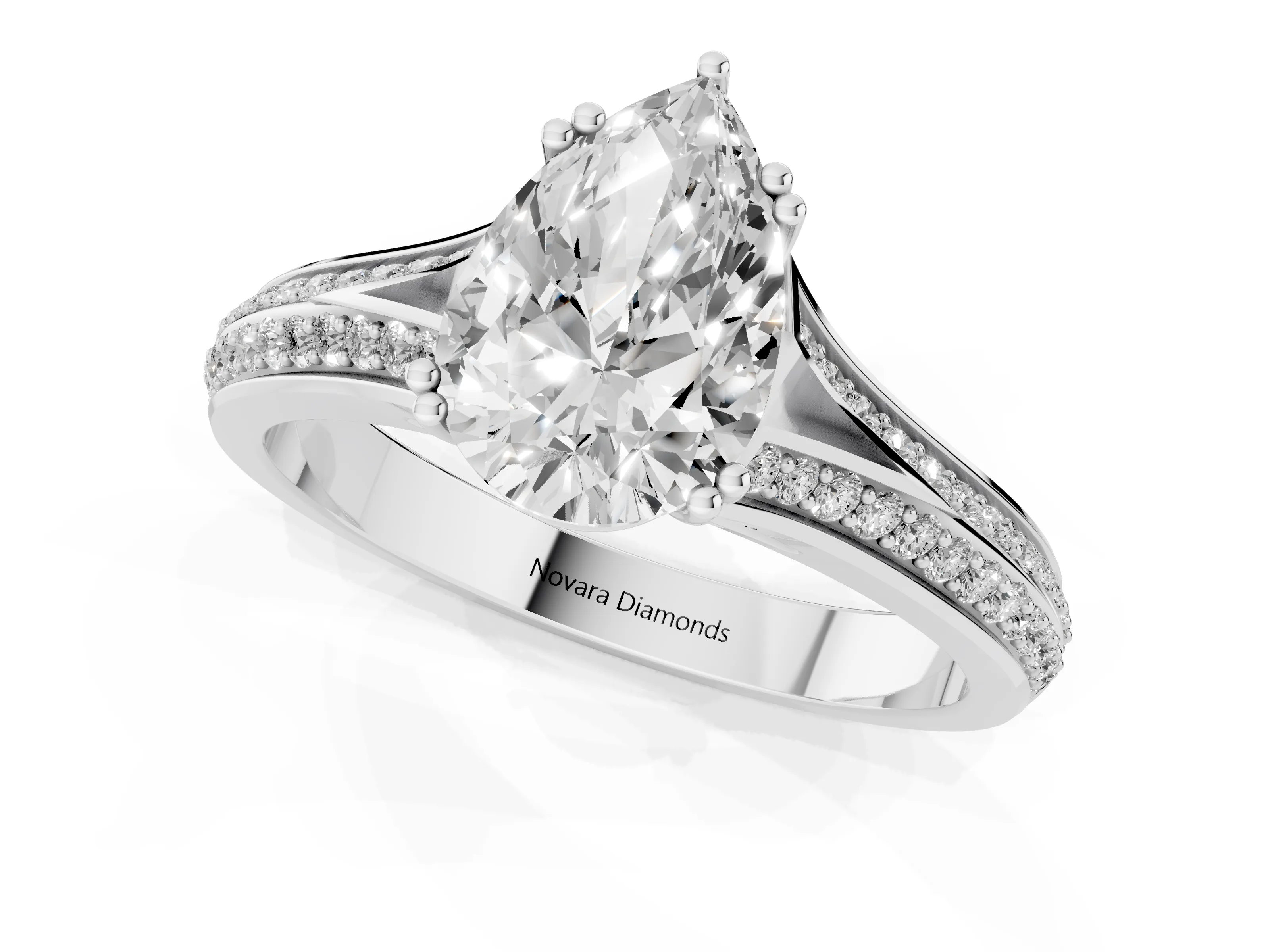 Pear Cut Diamond Split Shank Pavé Engagement Ring Set in Silver with Prong-Set Center Stone
