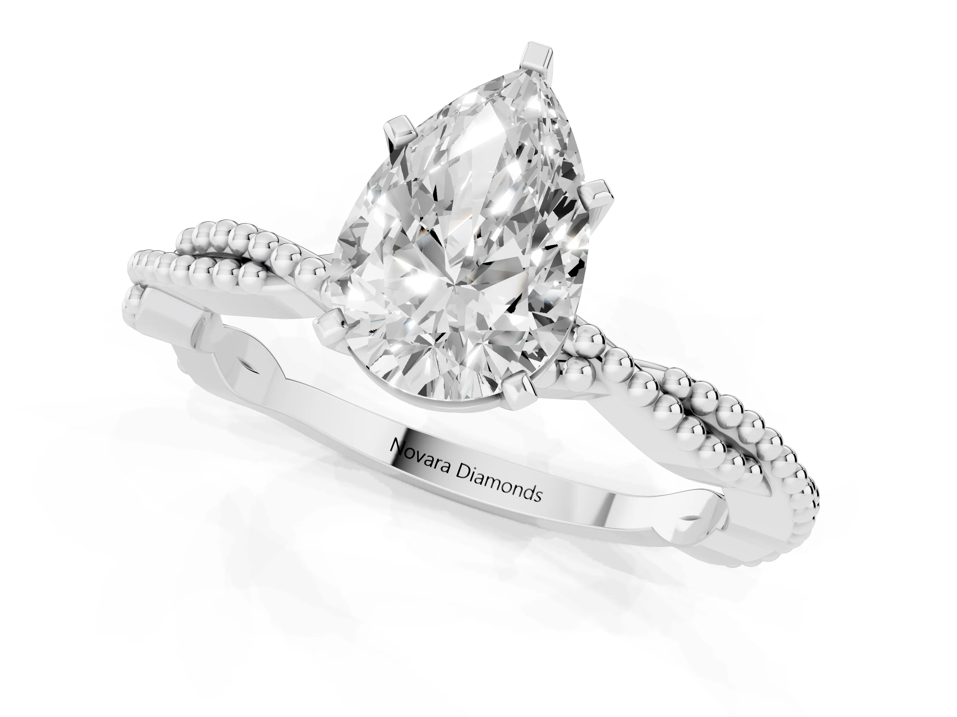 Pear Cut Diamond Solitaire Ring Set in Platinum with Twisted Band and Bead Prong Setting – second view