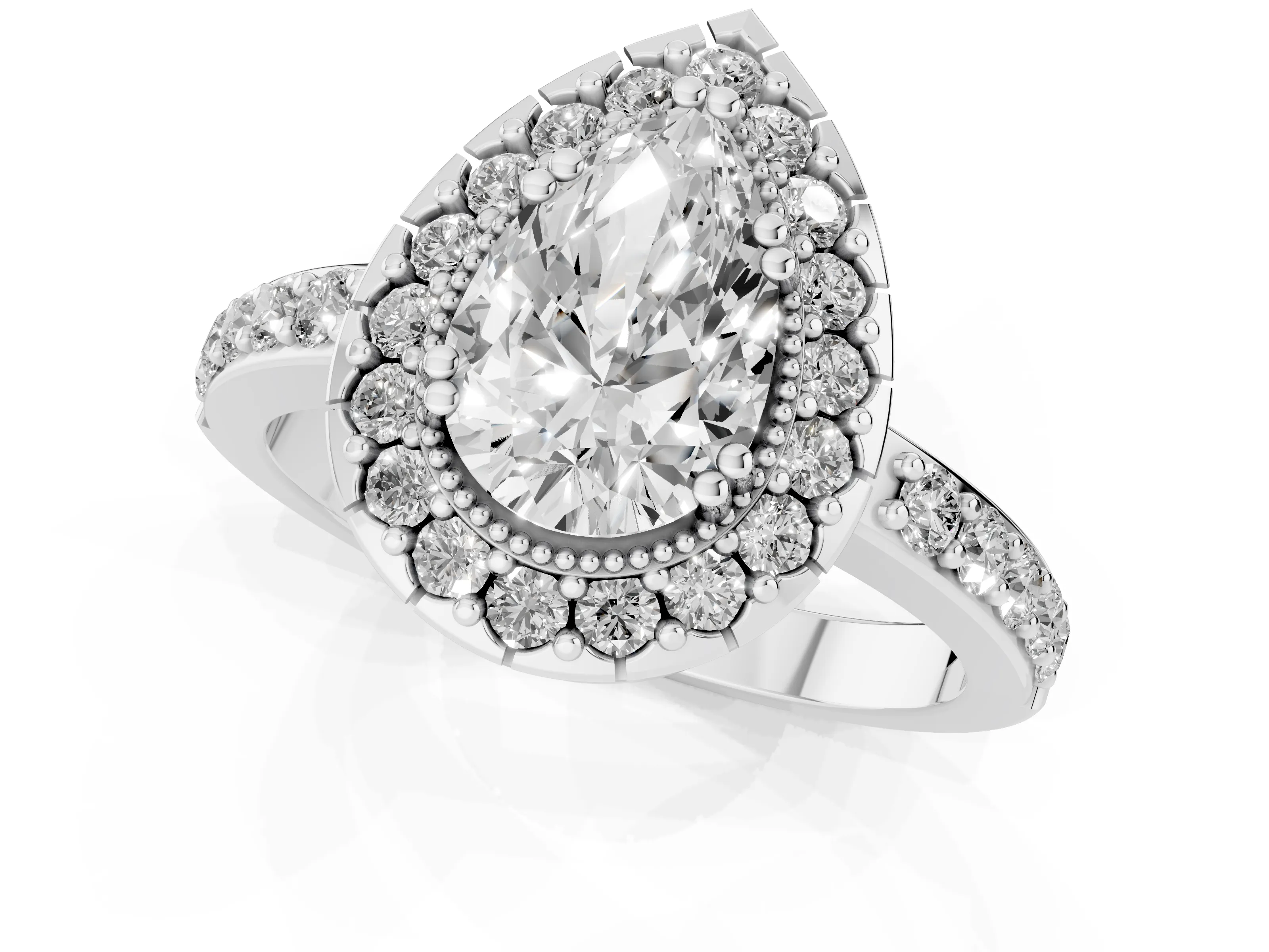 Pear Cut Diamond Halo Ring Set in Platinum with Pavé Shank and Prong Setting
