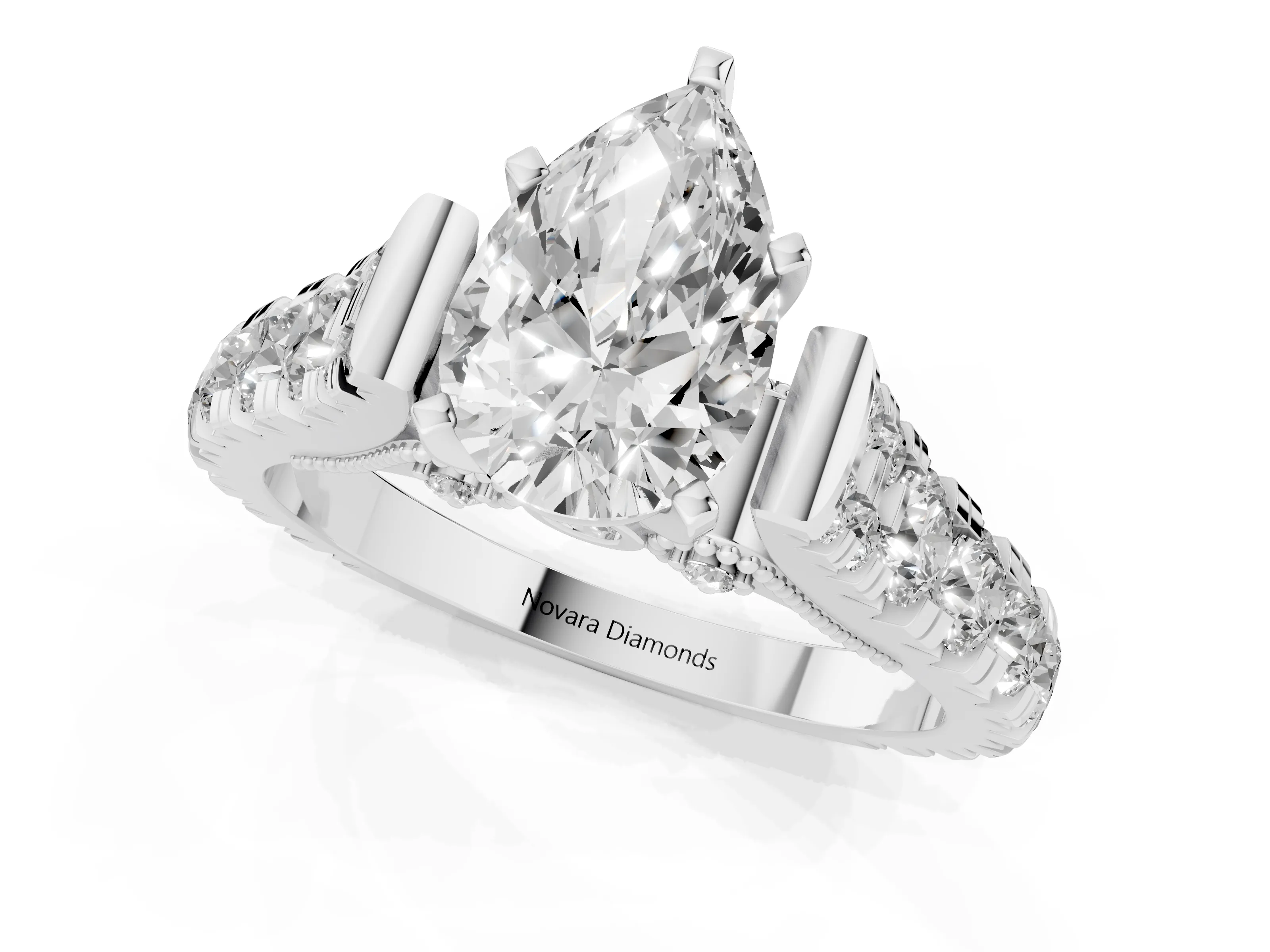 Pear Cut Diamond Classic Solitaire Ring Set in Platinum with Pavé Band and Prong Setting