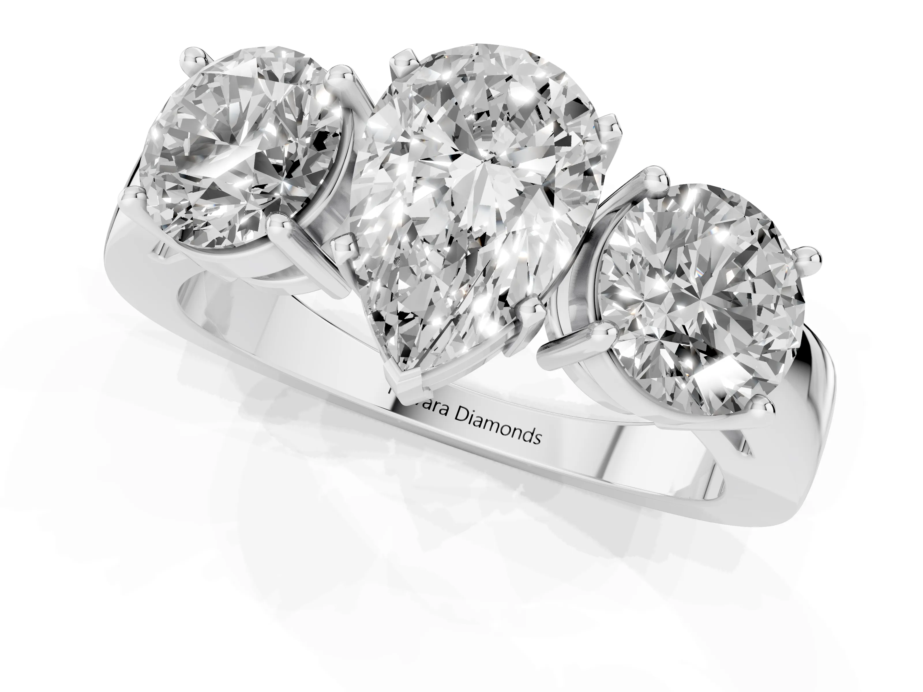 Pear Cut Diamond Three-Stone Ring Set in White gold with Round Side Stones and Classic Band