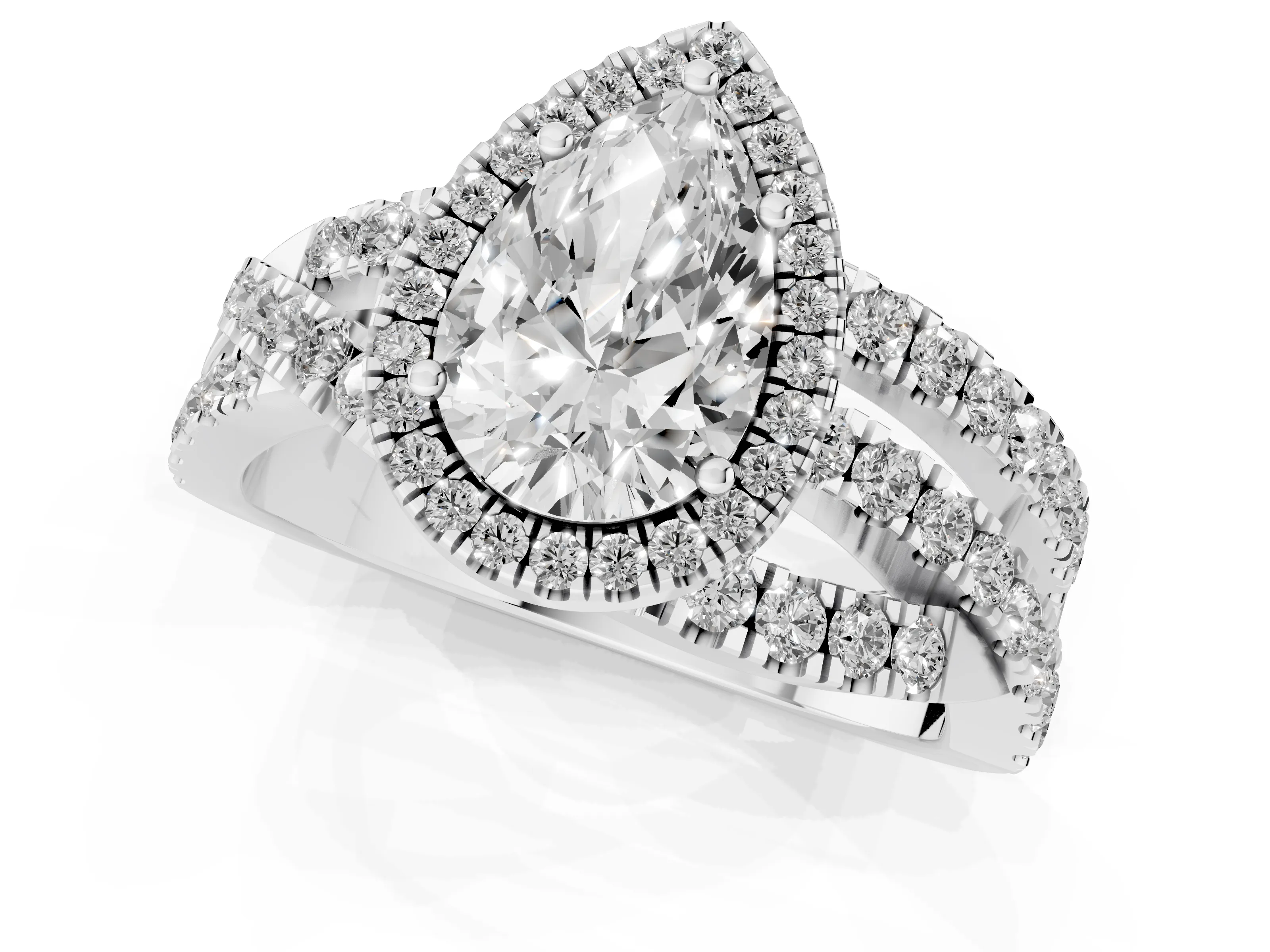 Pear Cut Diamond Halo Ring Set in Platinum with Round Crossover Split Shank and Prong Setting
