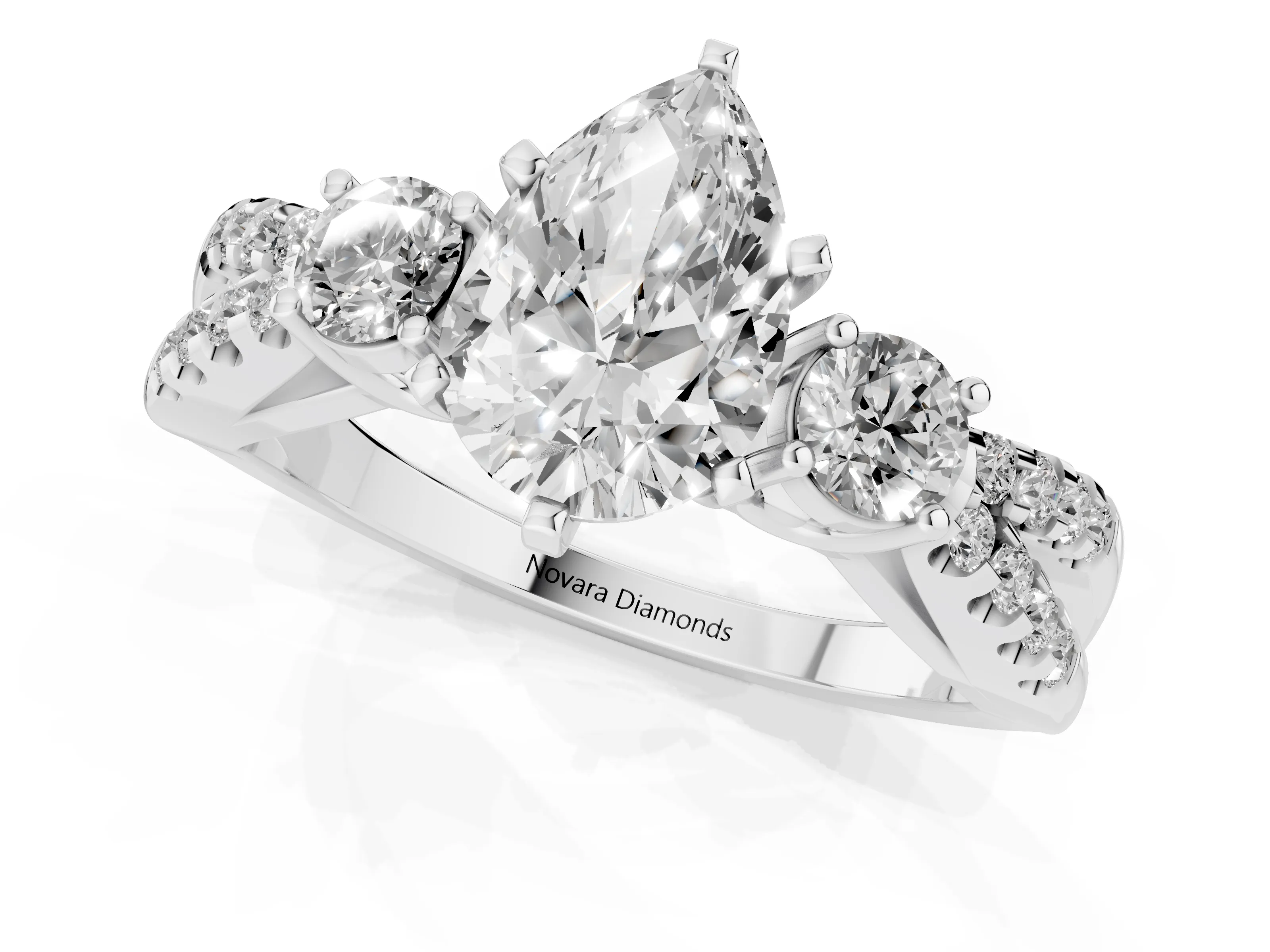 Pear Cut Diamond Three-Stone Ring Set in Silver with Pavé Split Shank and Prong Setting