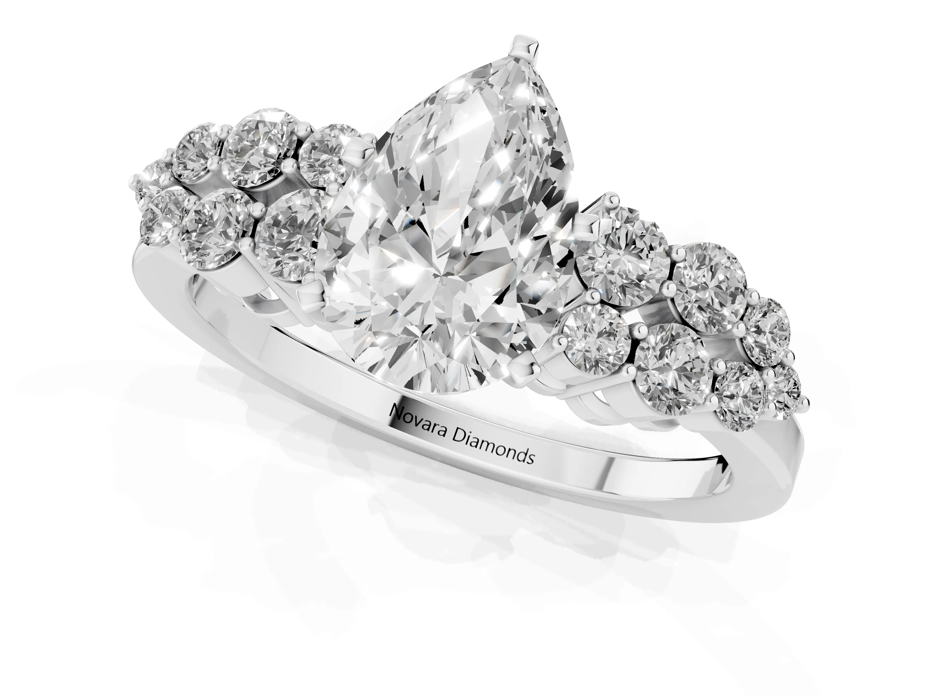Pear Cut Diamond Cluster Engagement Ring Set in White gold with Pavé Band and Prong Setting – second view