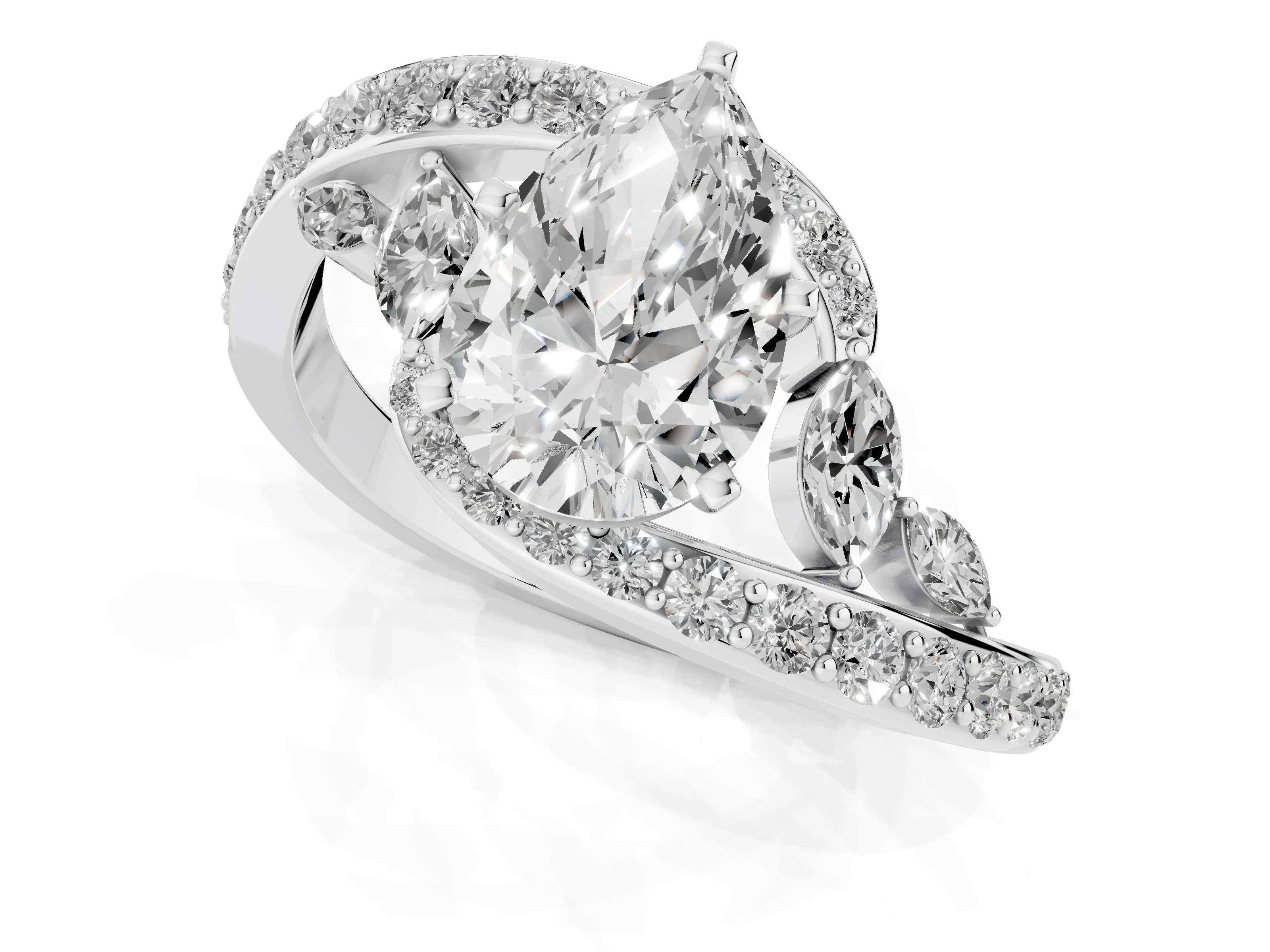 Pear Cut Diamond Solitaire Ring Set in Platinum with Pavé Twist Band and Secure Prong Setting