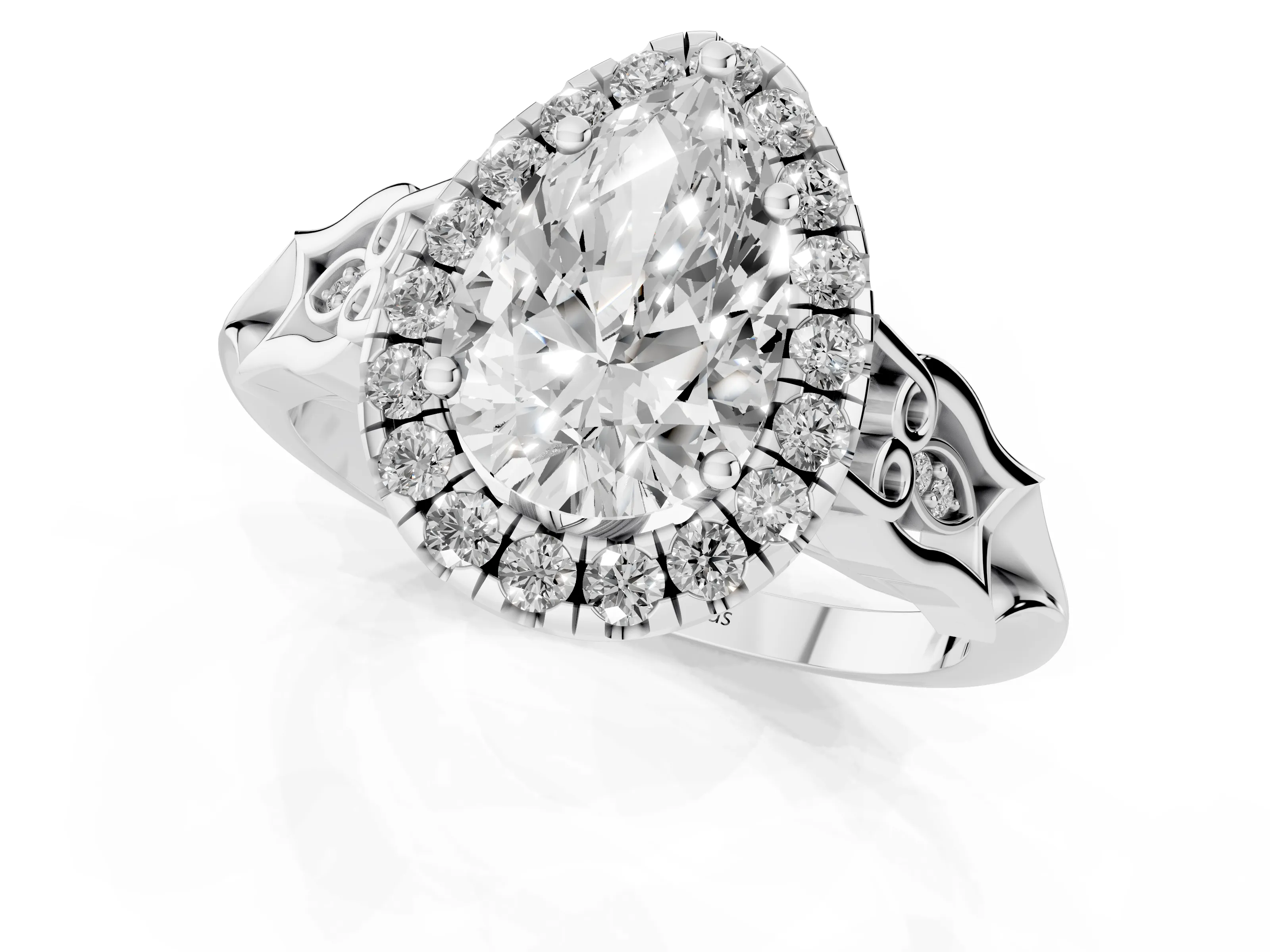 Pear Cut Diamond Halo Engagement Ring Set in White gold with Filigree Band and Prong-Set Center