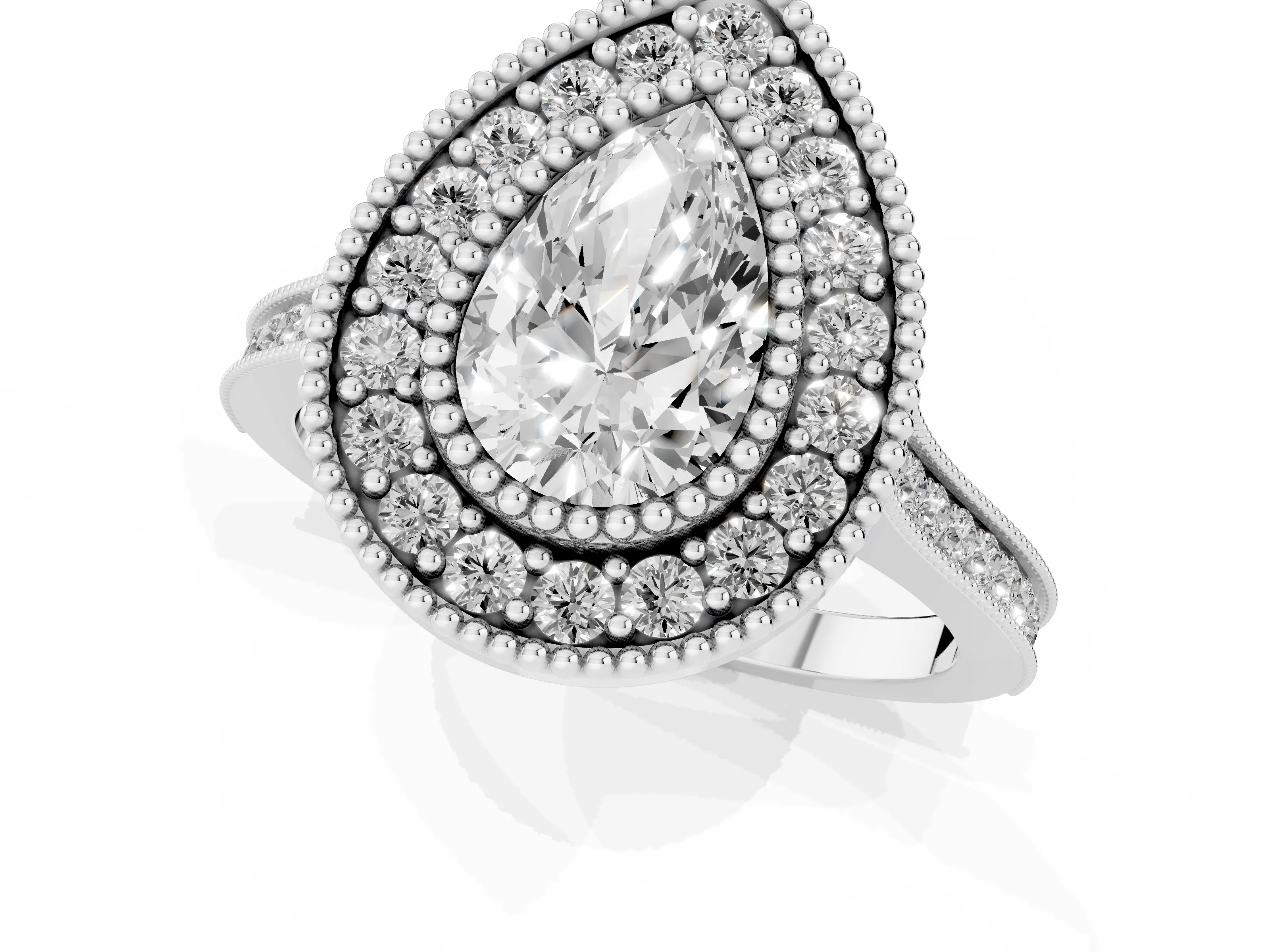 Pear Cut Diamond Halo Ring Set in Platinum with Milgrain Frame and Pavé Band – second view