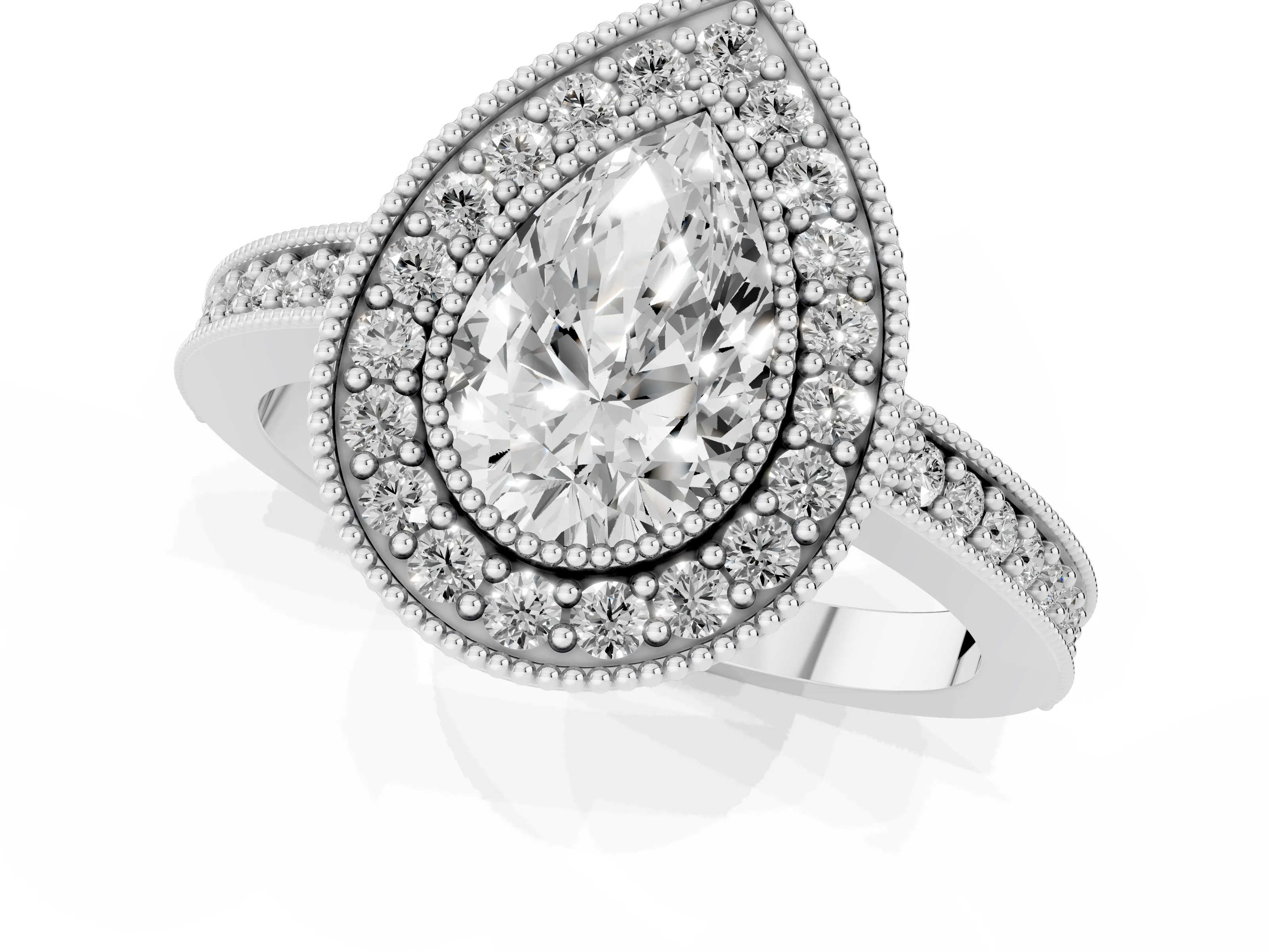 Pear Cut Diamond Halo Engagement Ring Set in White gold with Pavé Band and Round Halo Stones