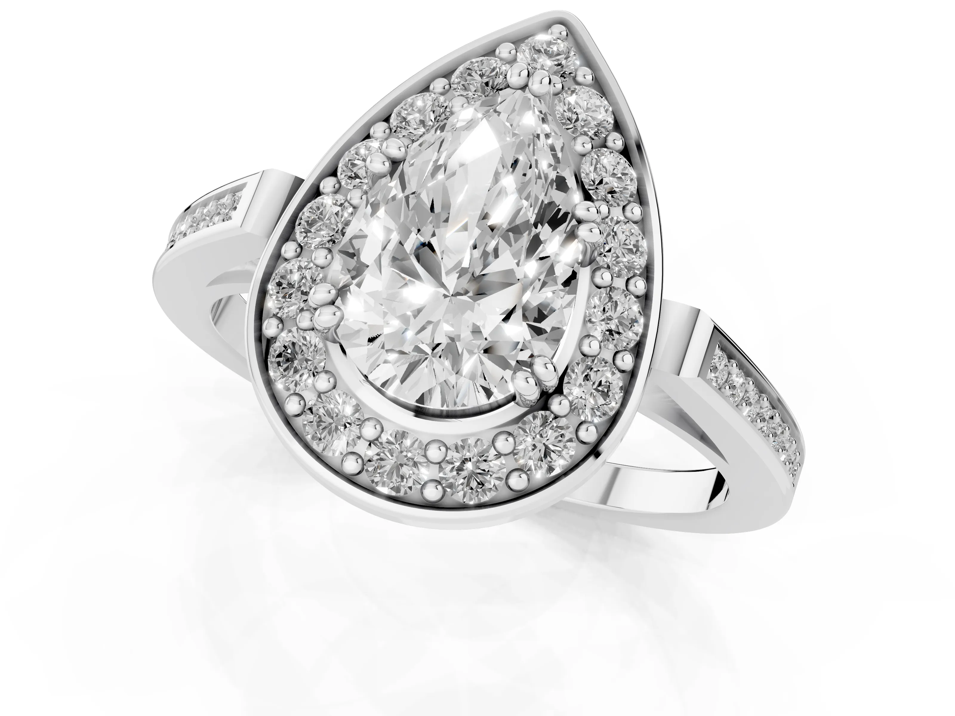 Pear Cut Diamond Halo Ring Set in White gold with Accent-Lined Split Shank and Prong Setting – second view