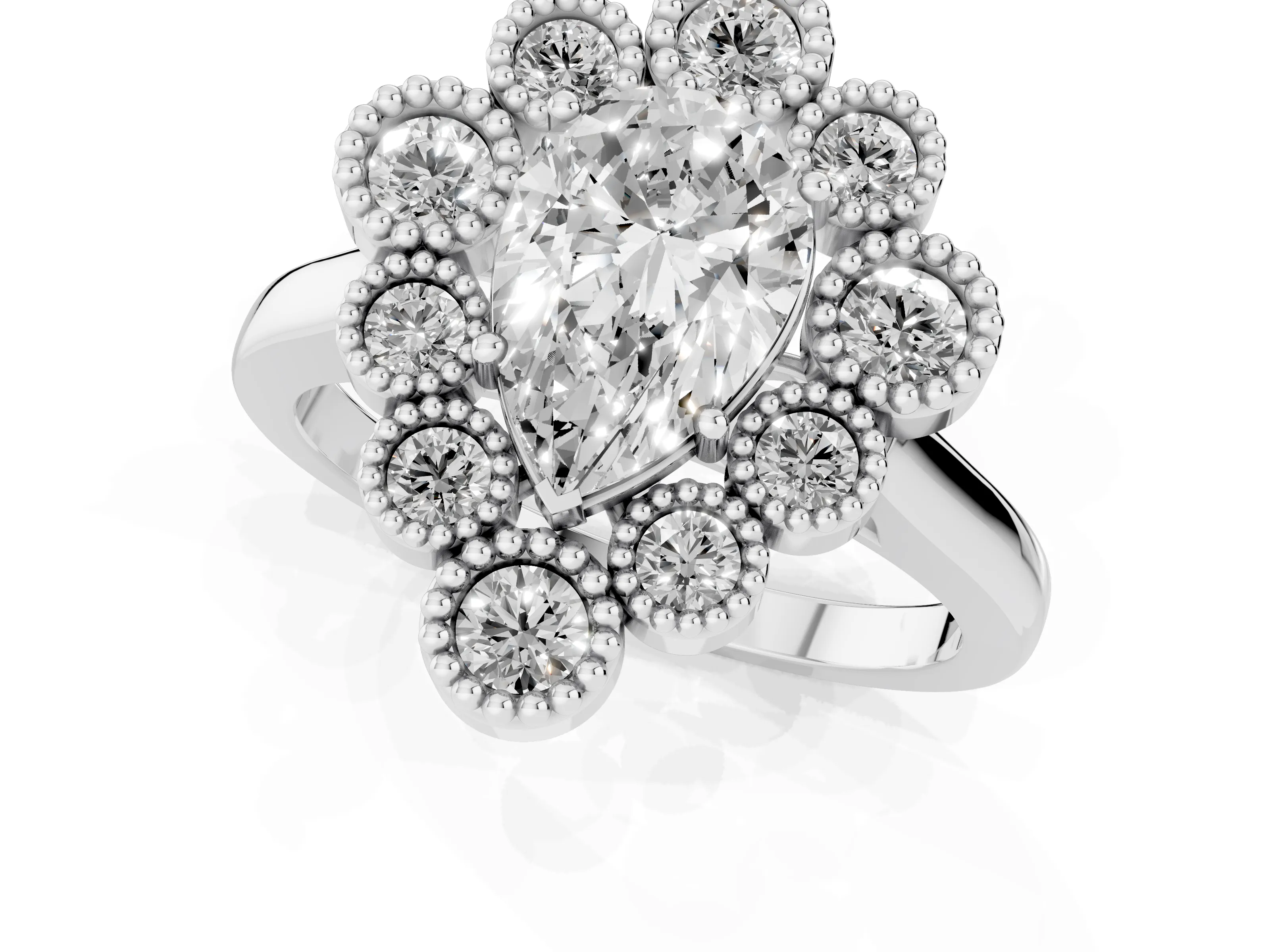 Pear Cut Diamond Cluster Halo Ring Set in White gold with Milgrain Bezel Accents and Plain Band