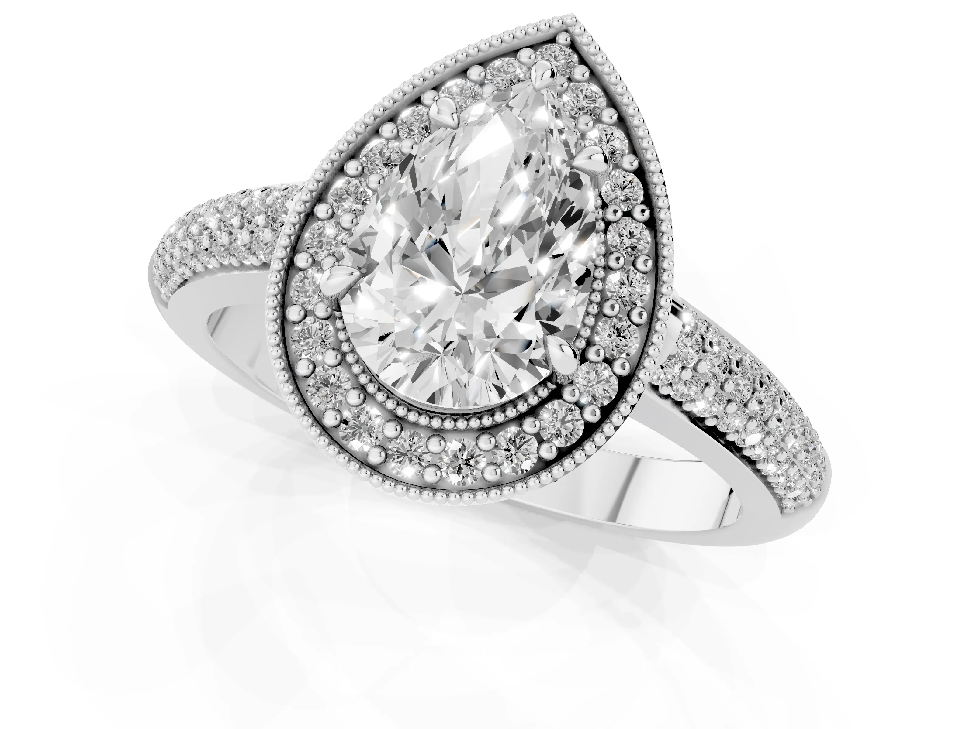 Pear Cut Diamond Halo Pavé Band Set in White gold with Prong Setting