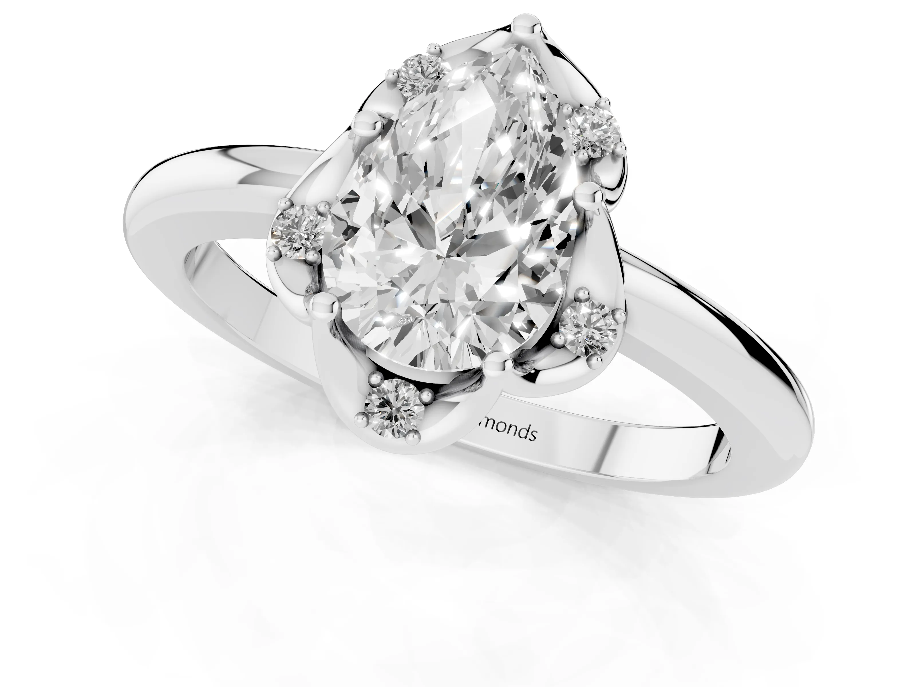 Pear Cut Diamond Round Cluster Halo Ring Set in Silver with Solitaire Band and Prong Setting