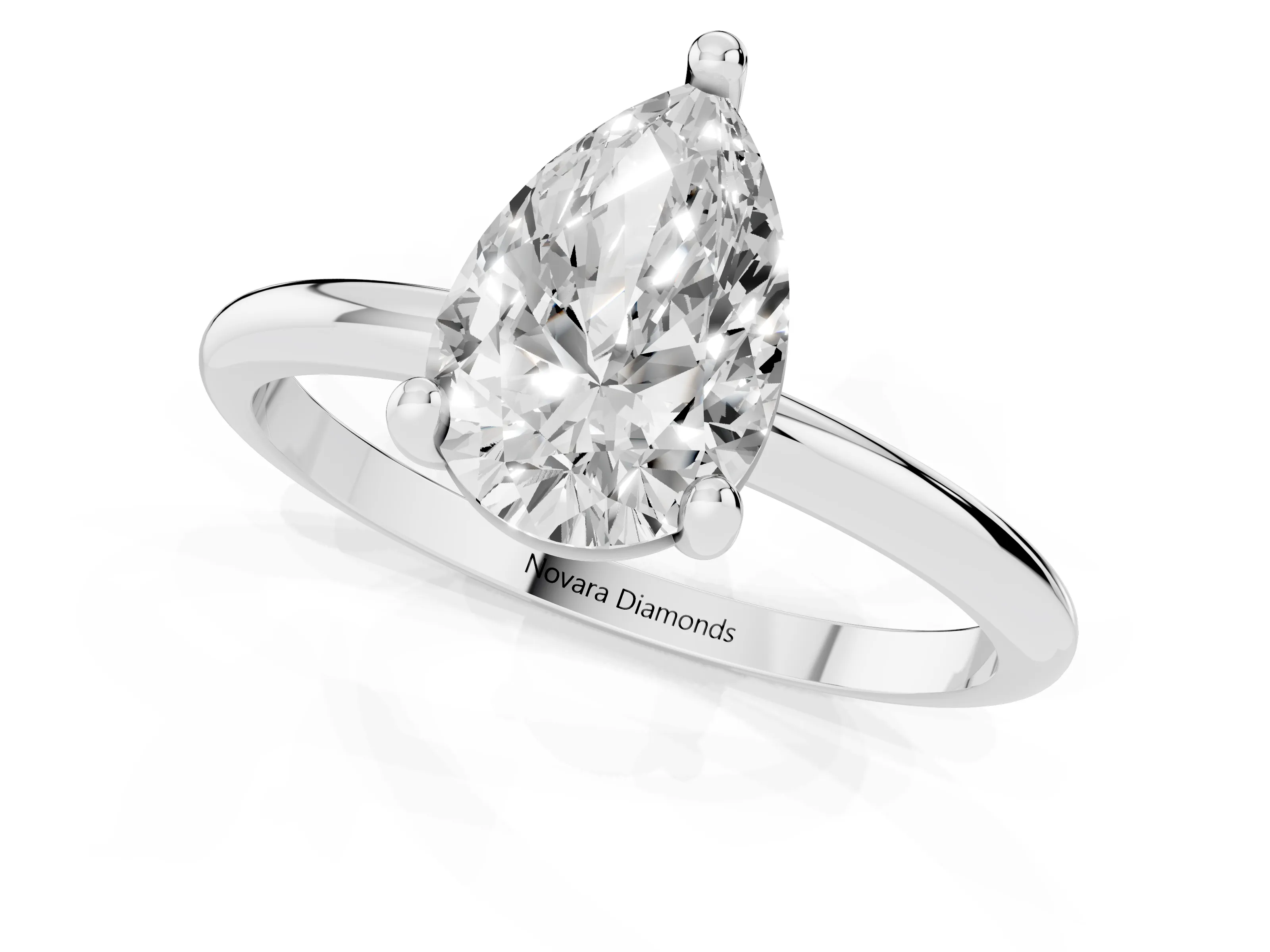 Pear Cut Diamond Solitaire Ring Set in Silver with Secure Prong Setting on a Classic Band