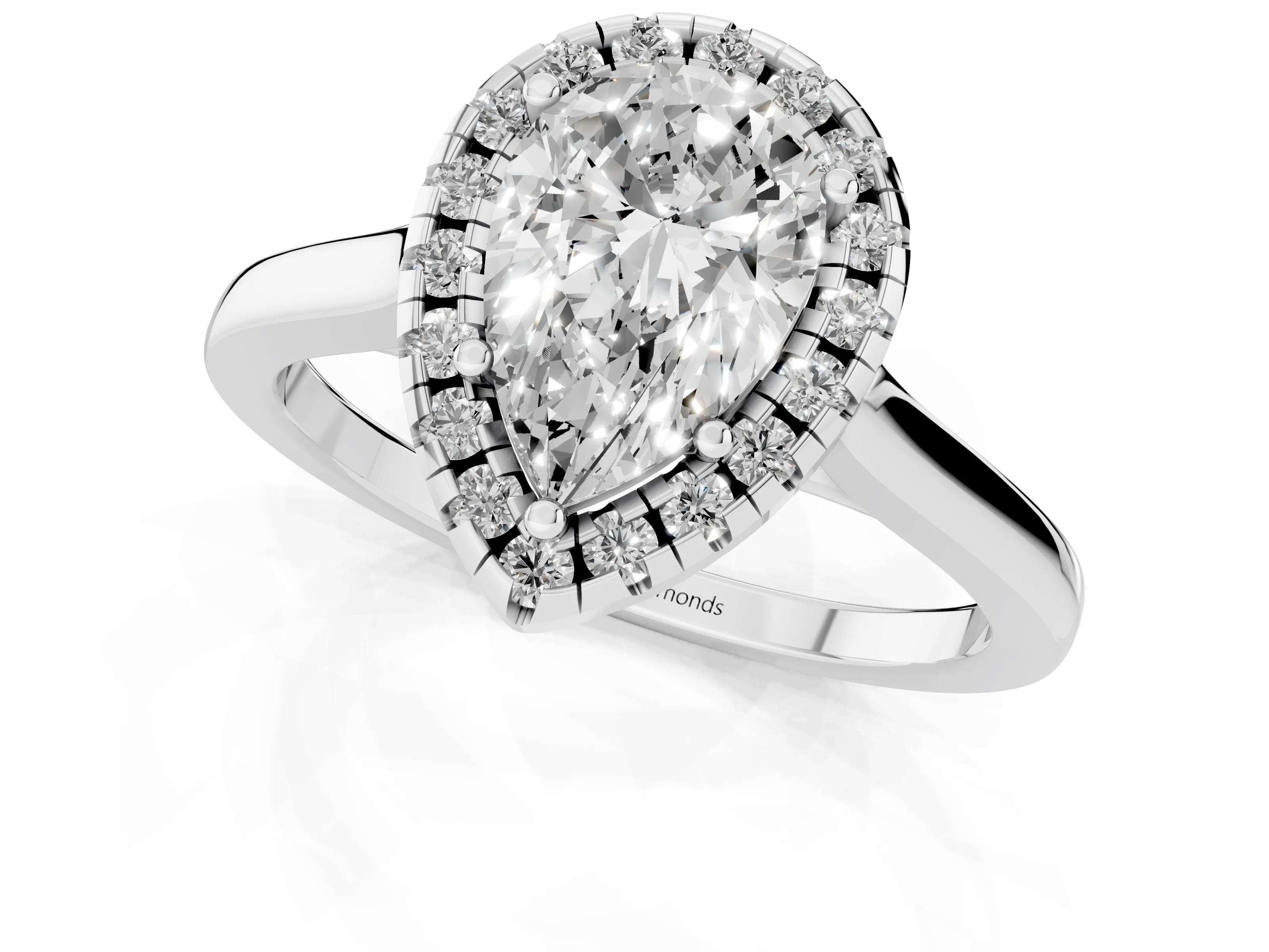 Pear Cut Halo Round Diamond Solitaire Ring Set in Platinum with Pavé Band and Prong Setting – second view