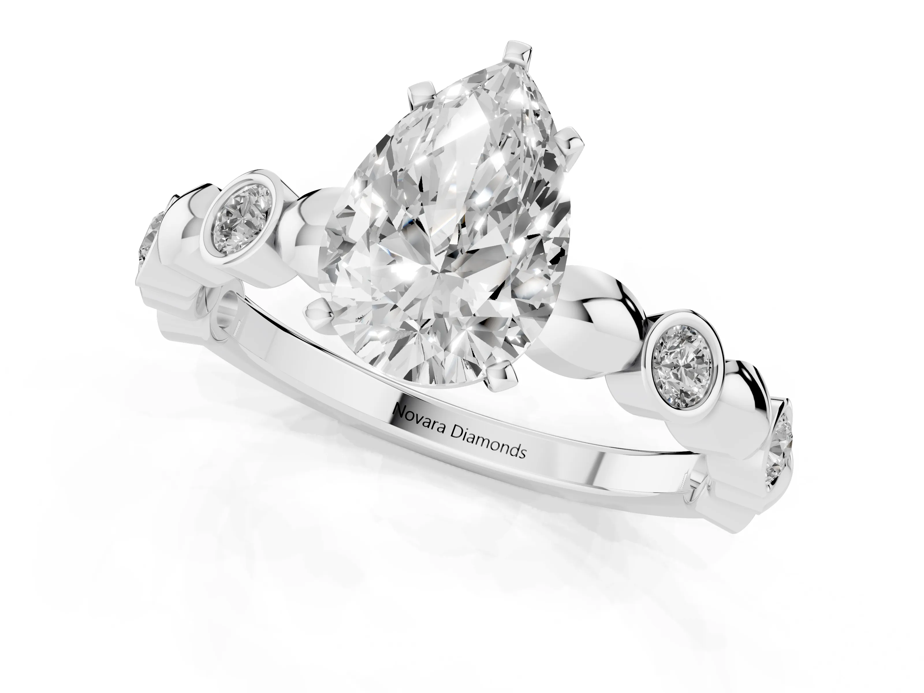 Pear Cut Diamond Solitaire Ring Set in White gold with Bezel-Set Accents on Beaded Band and Prong Setting