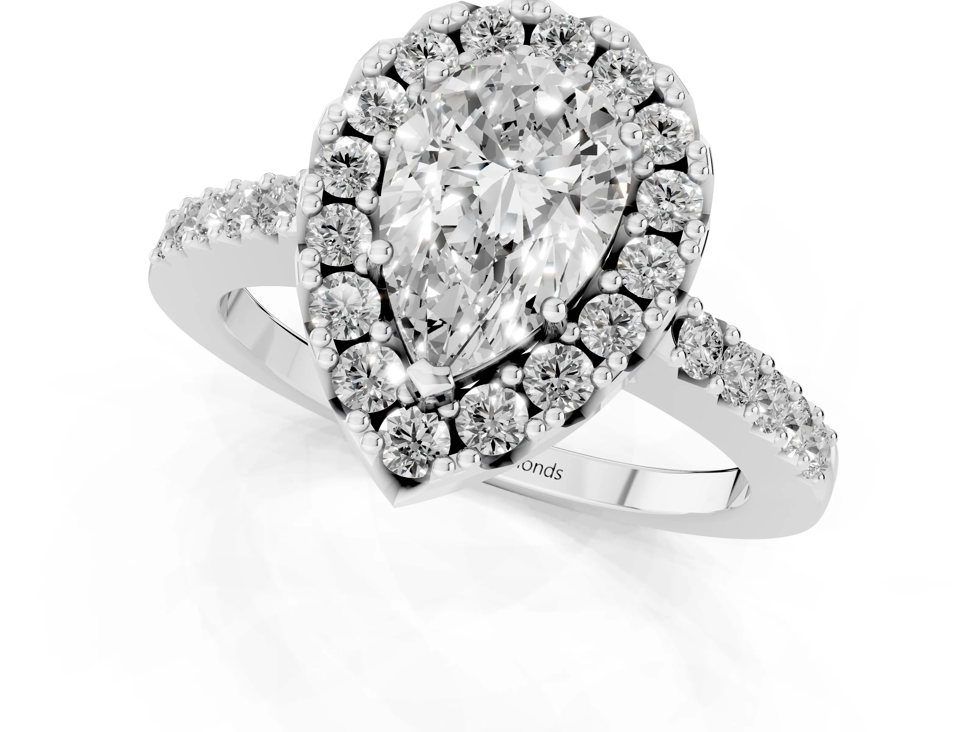 Pear Cut Diamond Halo Pavé Solitaire Ring Set in Silver with Prong-Set Center Stone