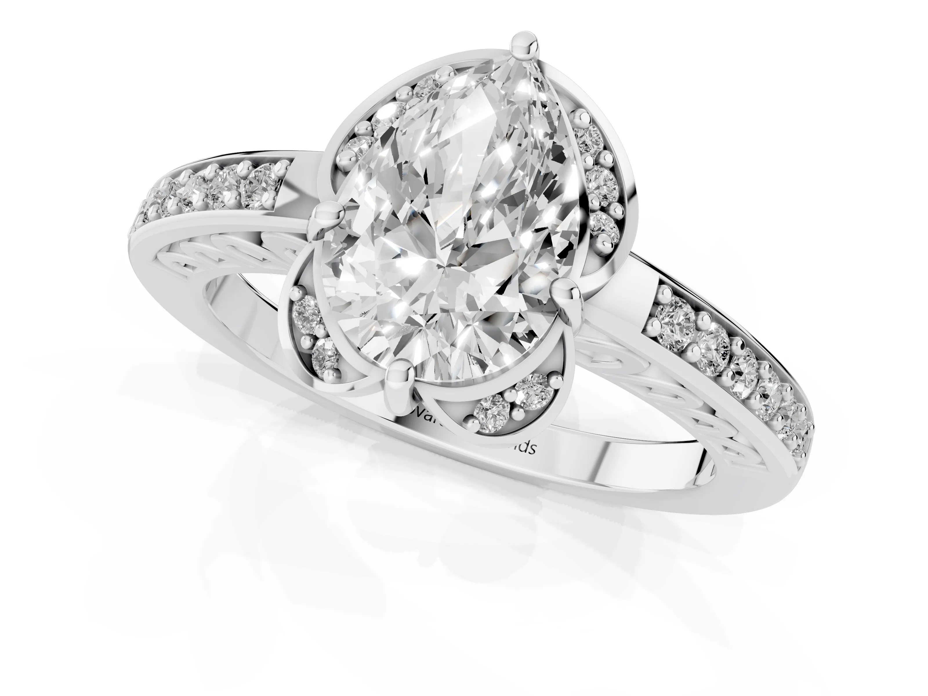 Pear Cut Diamond Halo Ring Set in Platinum with Channel Set Band and Prong Setting