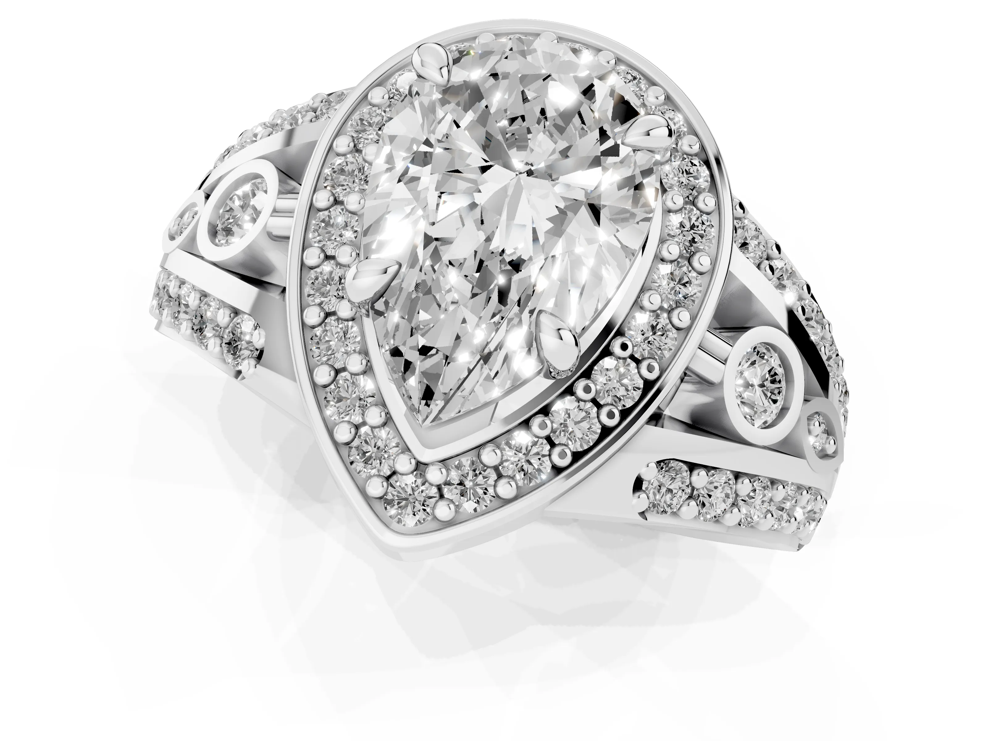 Pear Cut Diamond Halo Ring Set in White gold with Pavé Split Shank and Bezel Accents
