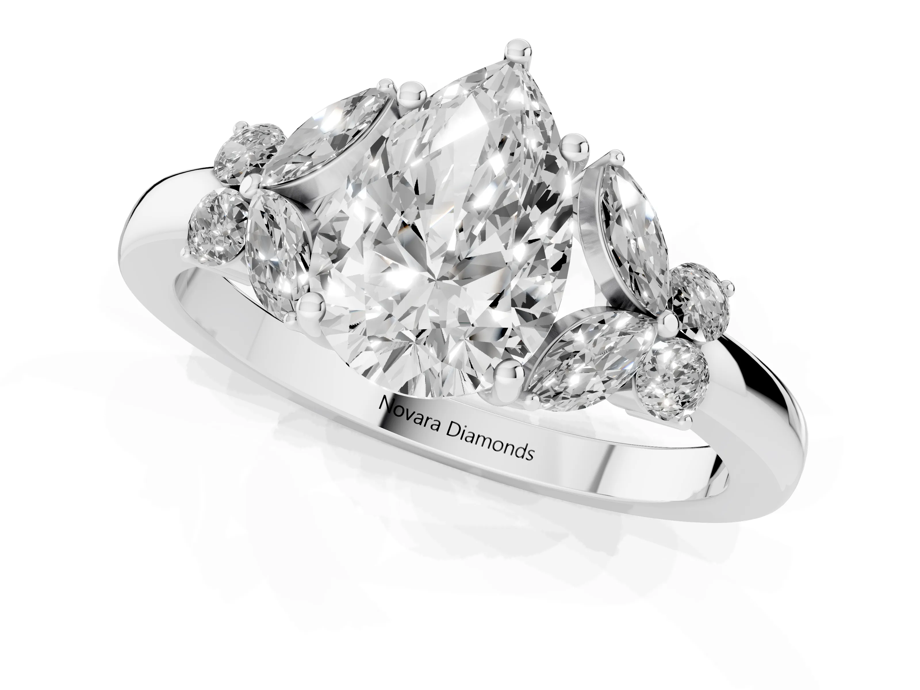 Pear Cut Diamond Solitaire Floral Ring Set in Platinum with Marquise Petals and Prong Setting – second view