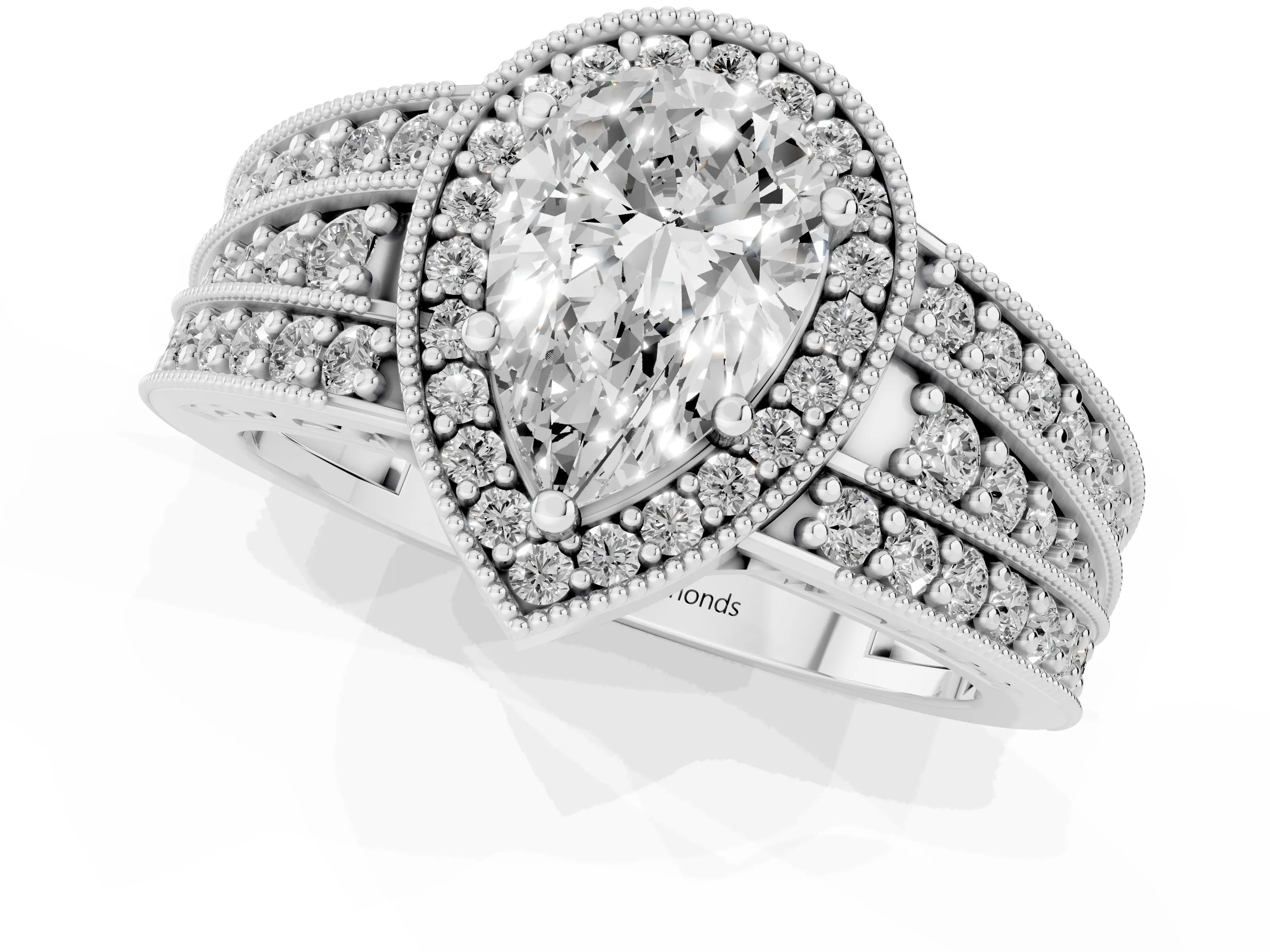 Pear Cut Diamond Halo Ring Set in Platinum with Accent Split Shank and Prong Setting