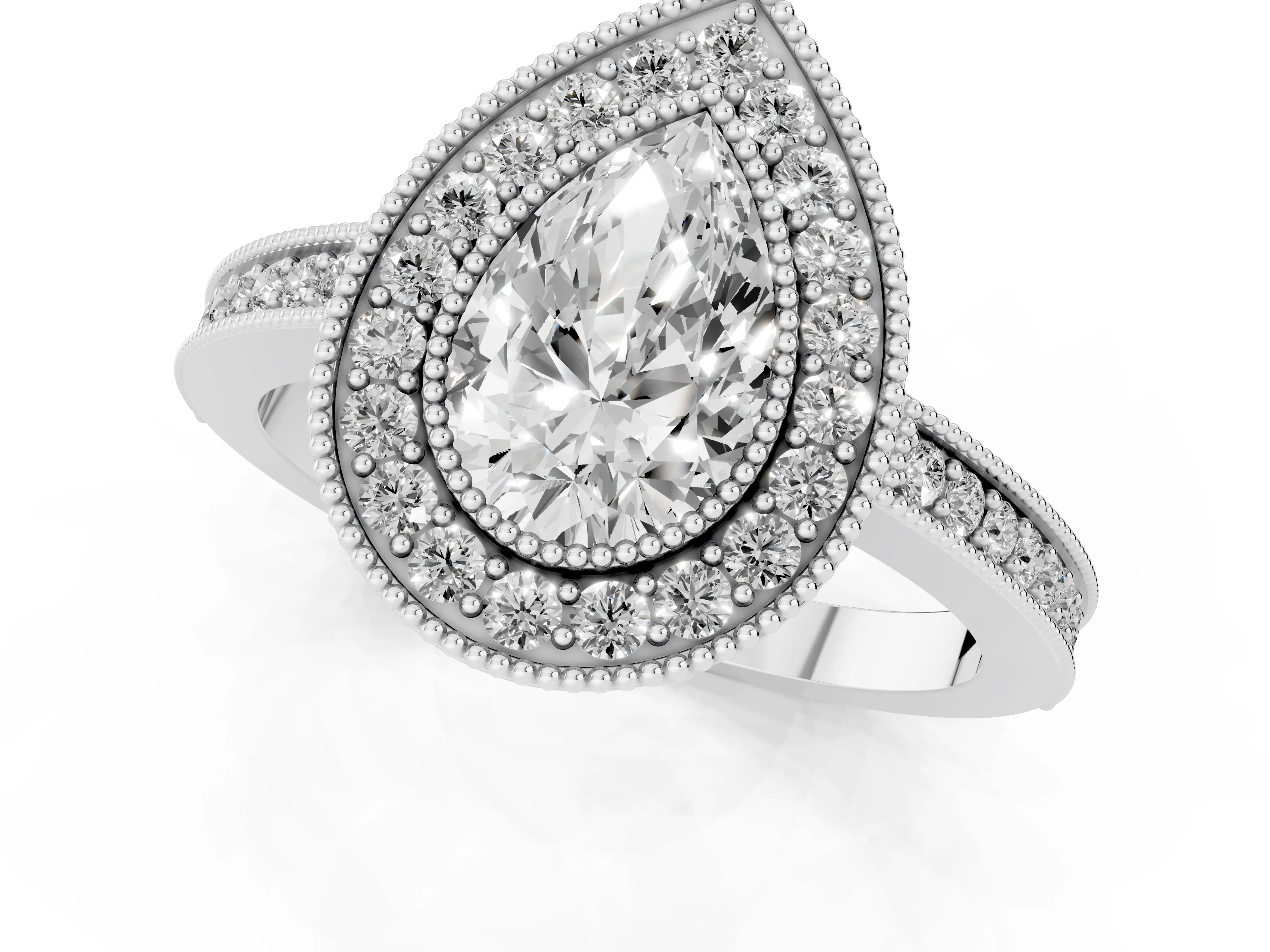 Pear Cut Diamond Round Halo Ring Set in White gold with Pavé Band