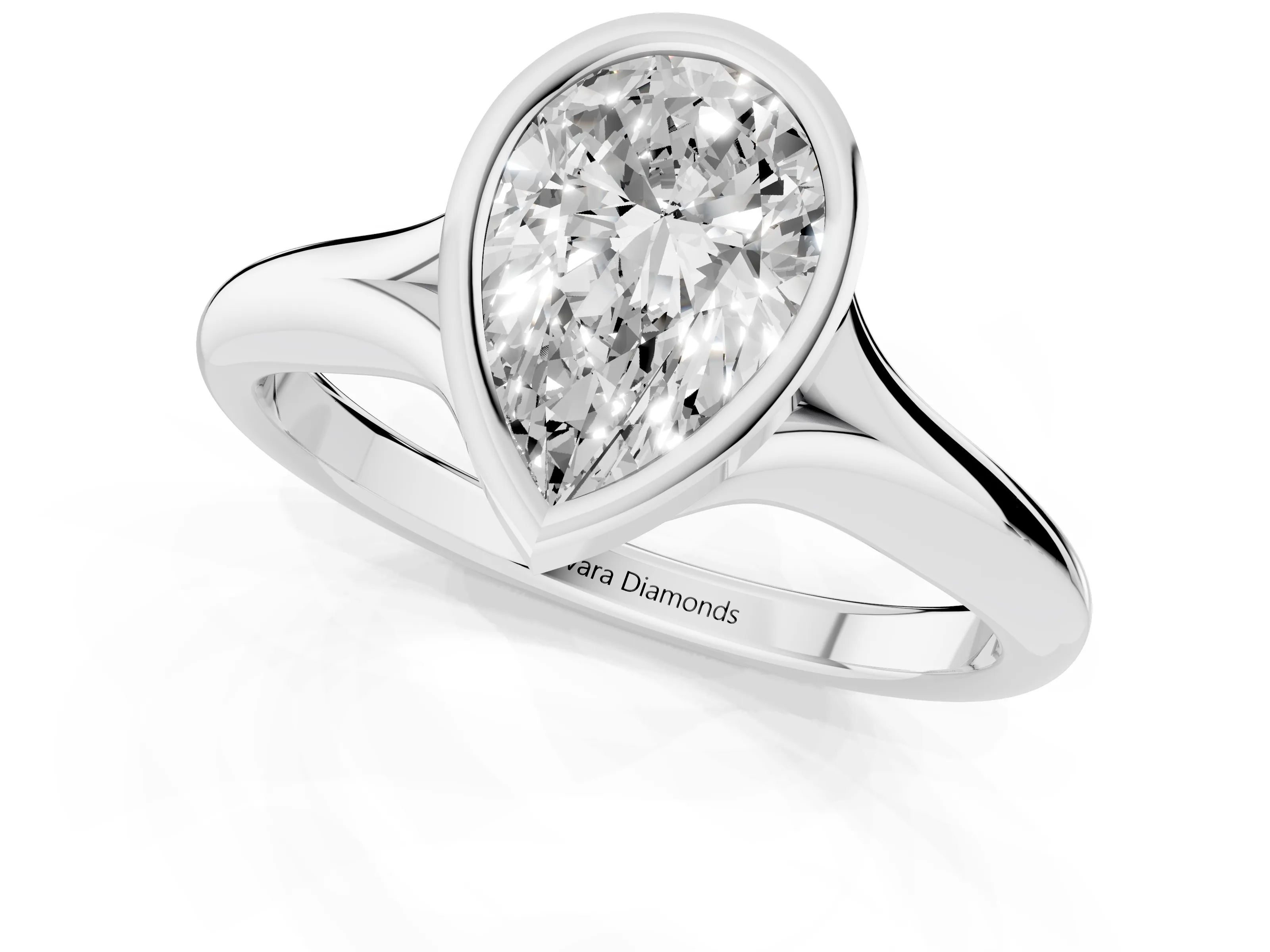 Bezel Set Pear Cut Diamond Solitaire Ring Set in Platinum with Smooth Band