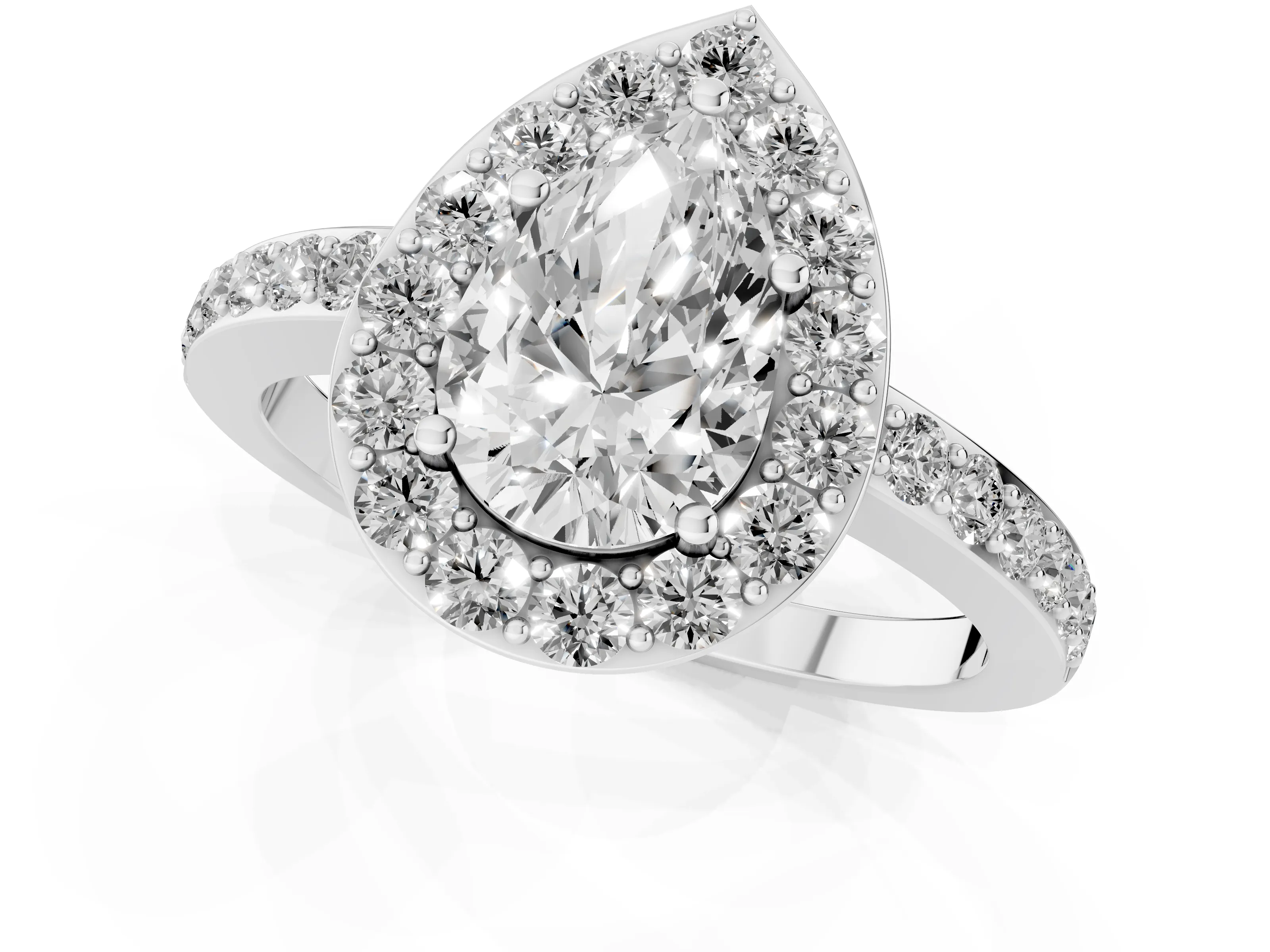 Pear Cut Diamond Halo Ring Set in Platinum with Pavé-Setting Band and Open Prong Center