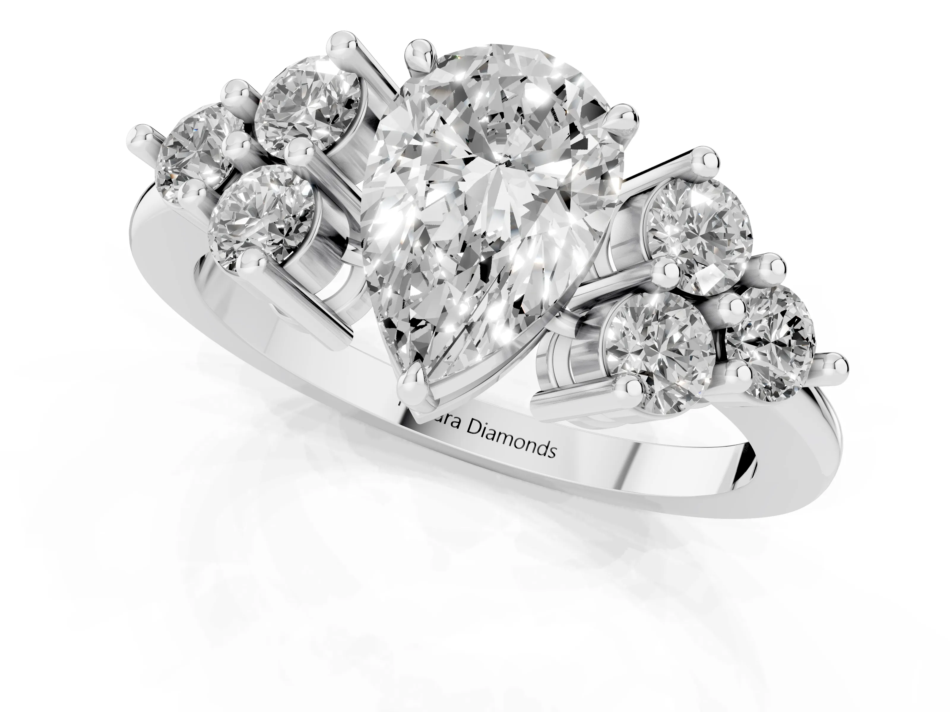 Pear Cut Diamond Solitaire Ring Set in Platinum with Cluster Accents on Each Side