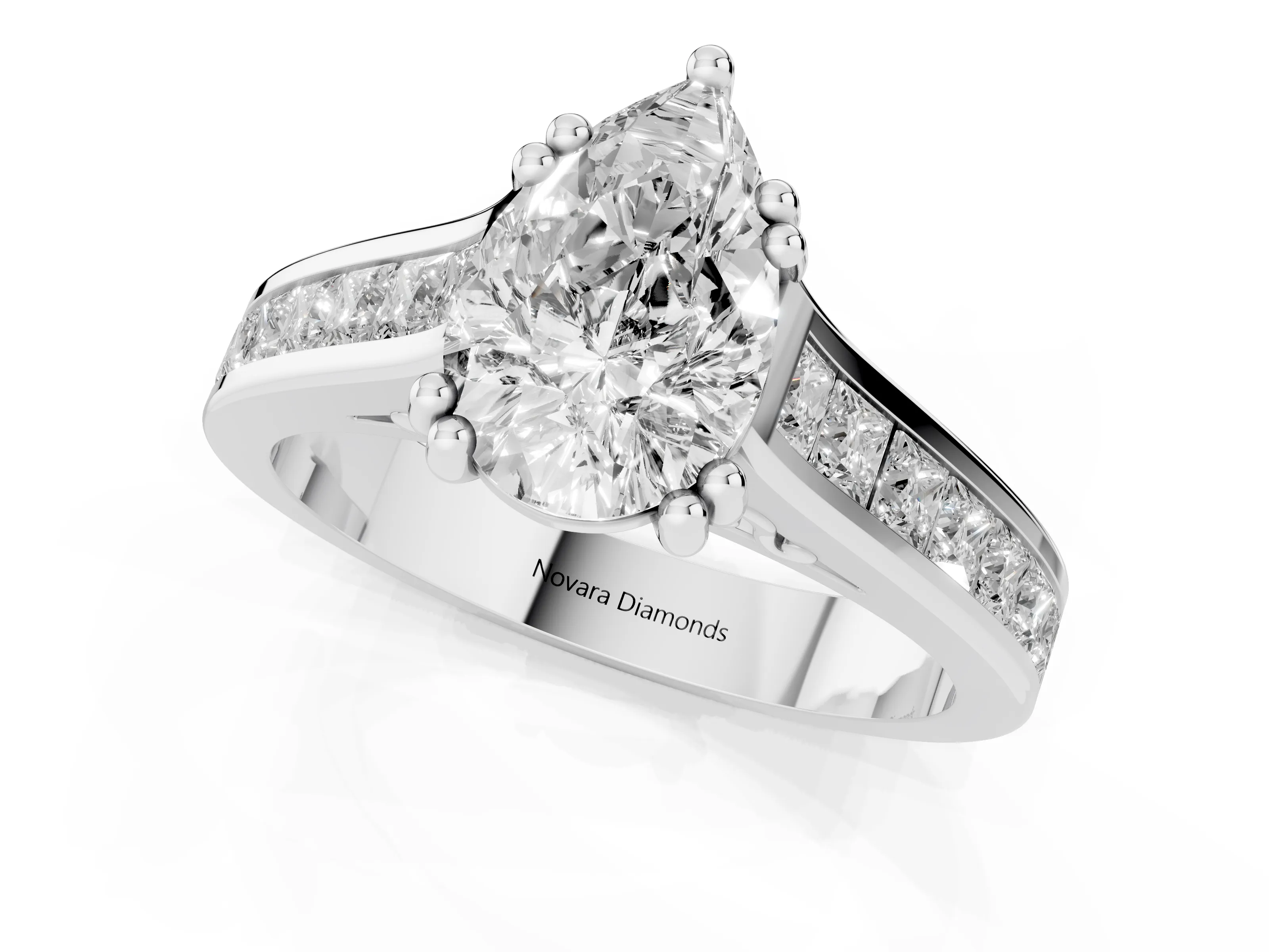 Pear Cut Diamond Channel Set Solitaire Engagement Ring Set in Platinum with Prong Setting