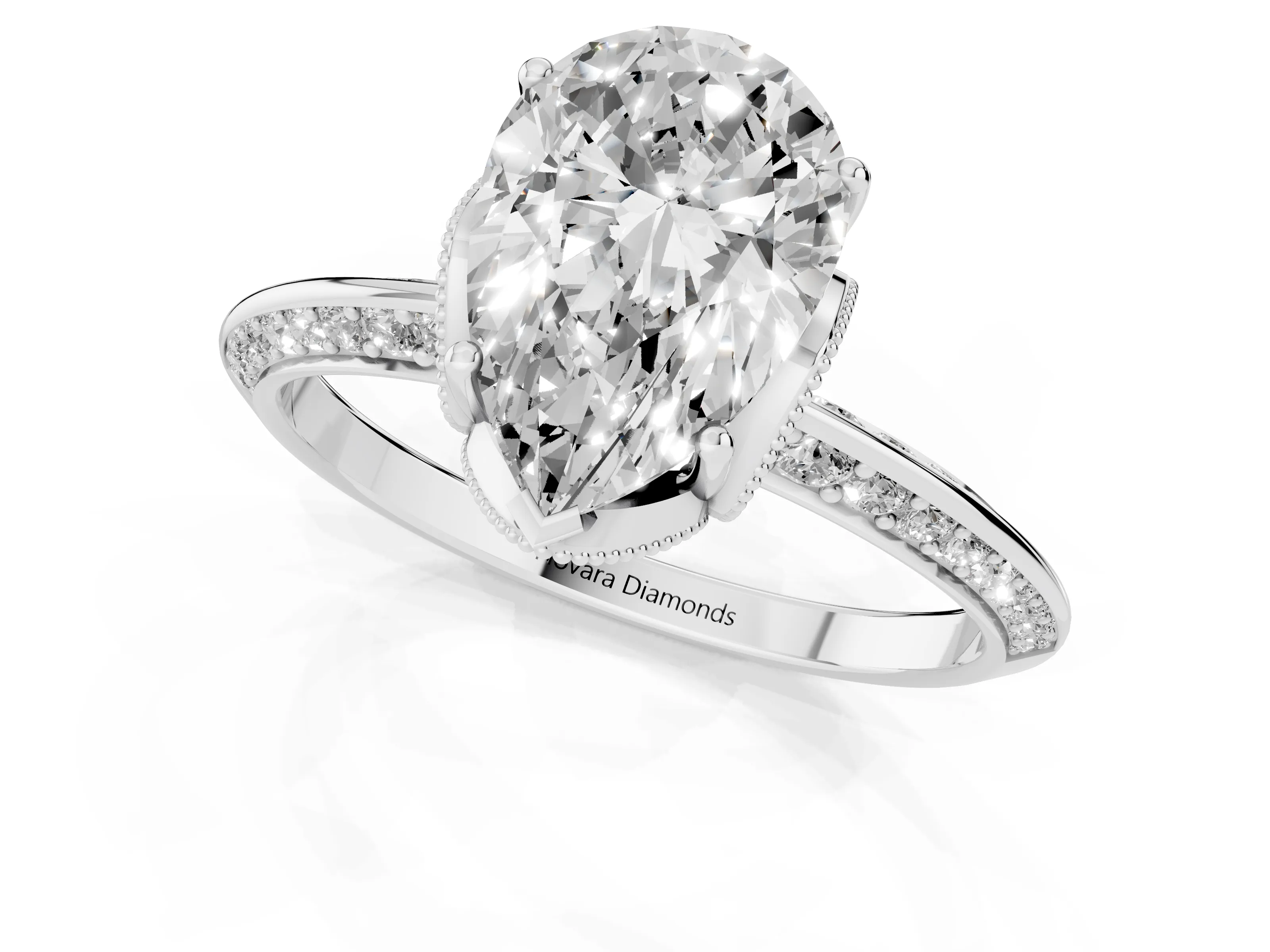 Pear Cut Diamond Solitaire Engagement Ring Set in Silver with Pavé Split Shank and Prong Setting
