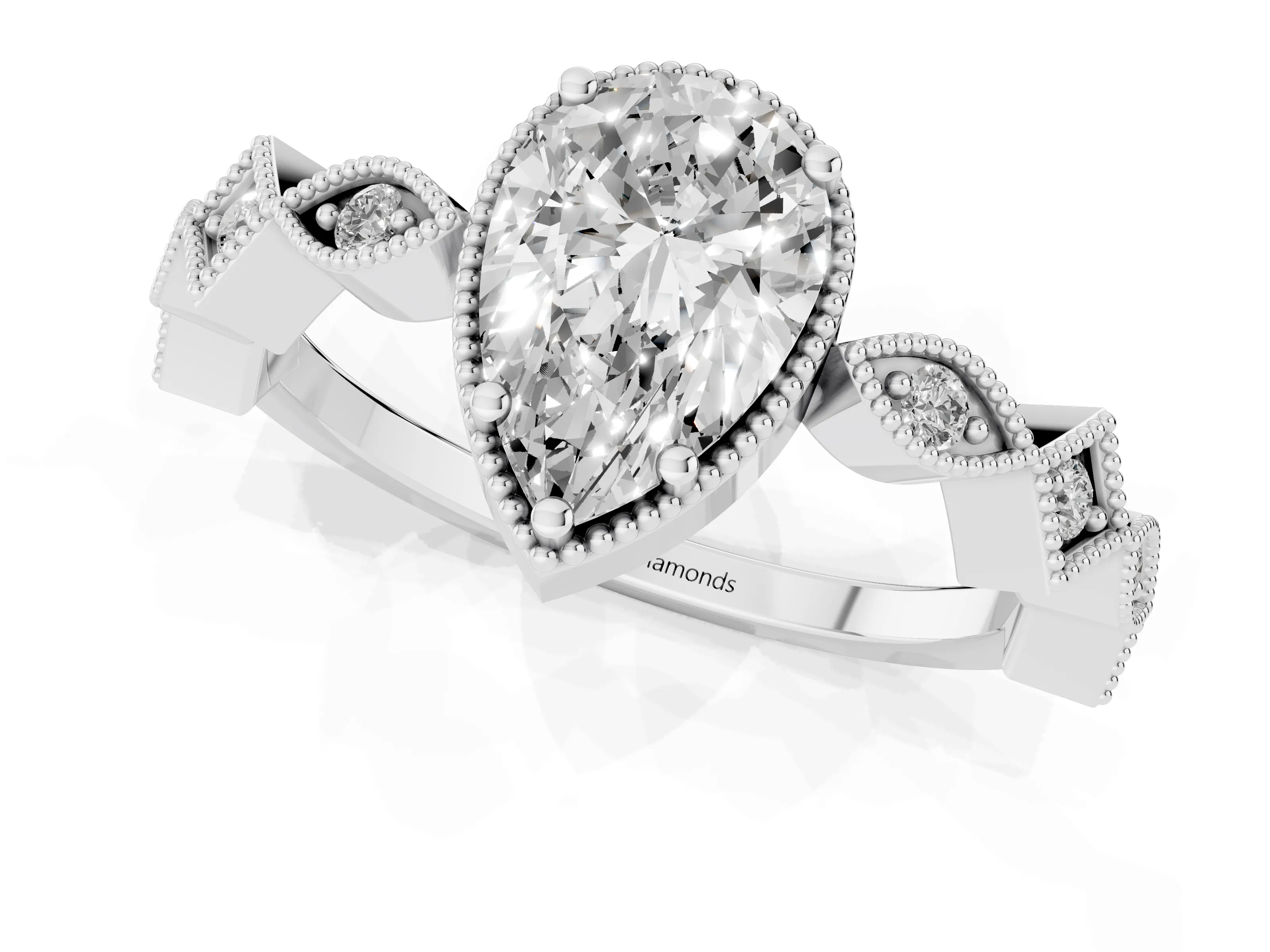Pear Cut Diamond Milgrain Marquise Twist Band Ring Set in White gold with Prong Setting