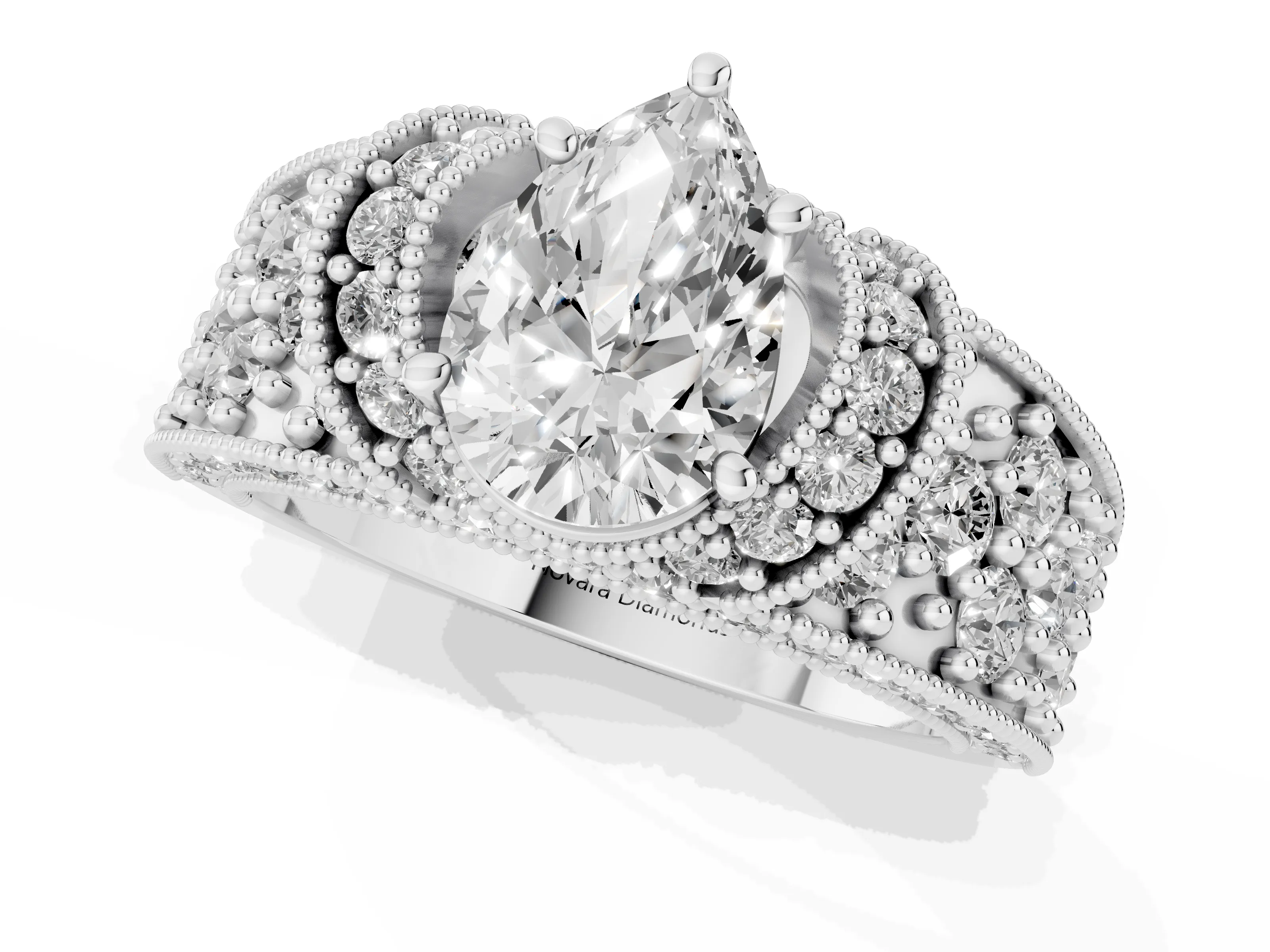 Pear Cut Diamond Milgrain Halo Pavé Engagement Ring Set in Platinum with Prong Setting