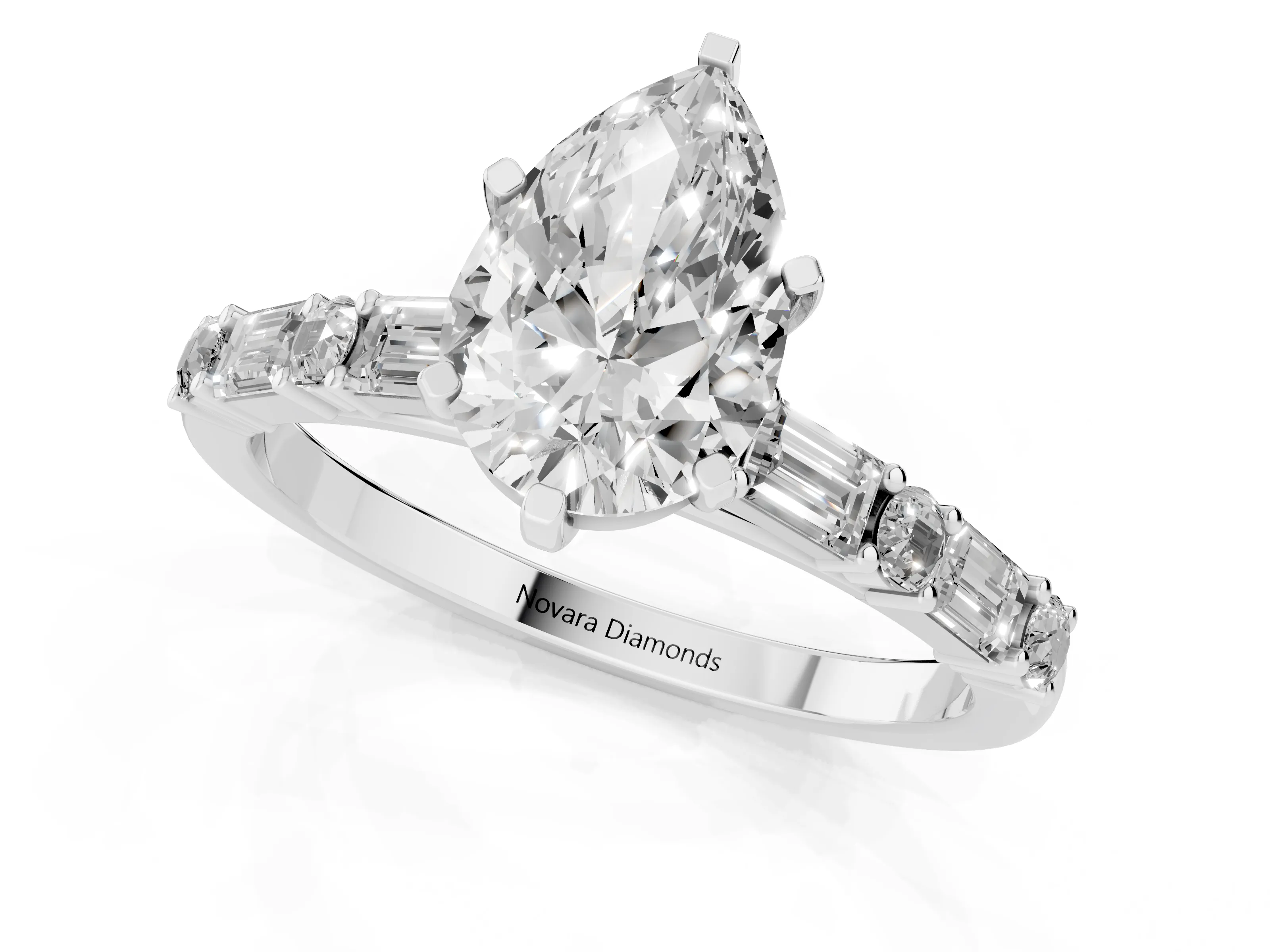 Pear Cut Diamond Solitaire Set in Platinum with Side Baguettes and Channel Set Band