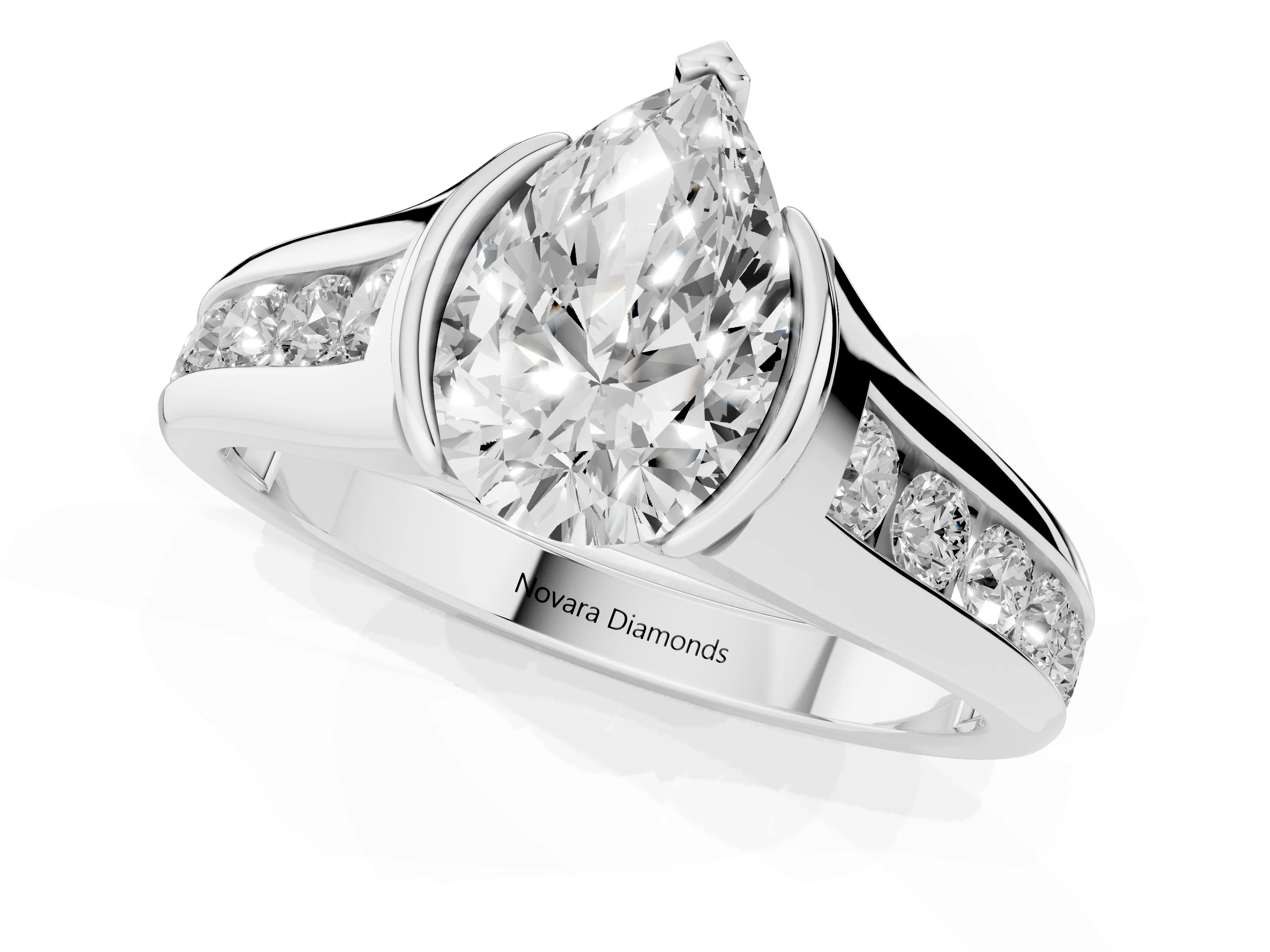 Pear Cut Diamond Bezel-Set Solitaire Ring Set in Silver with Channel-Set Band